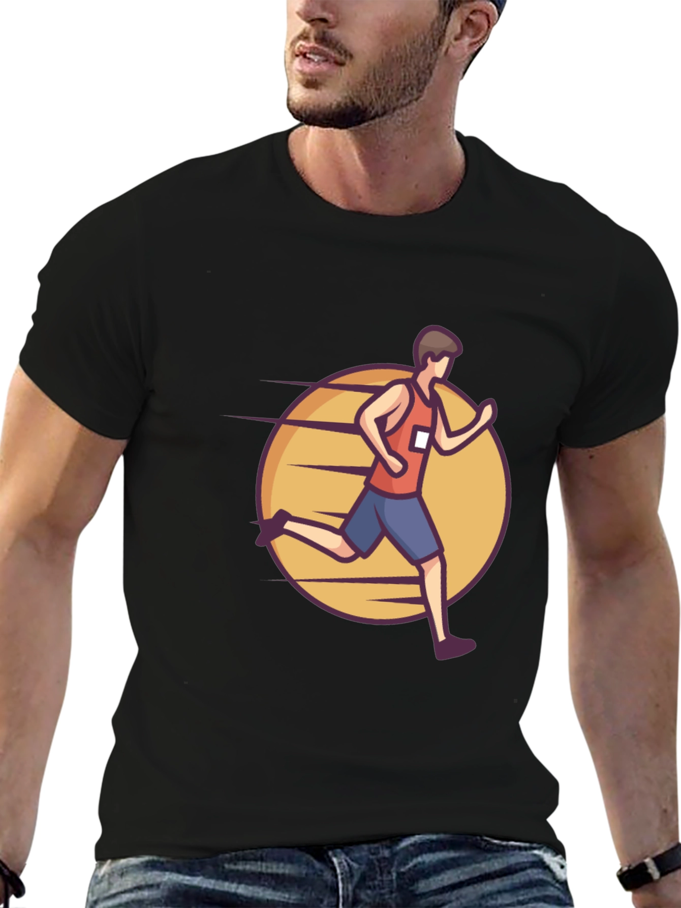 Black Black Graphic Tee: Cartoon Runner Design view 6