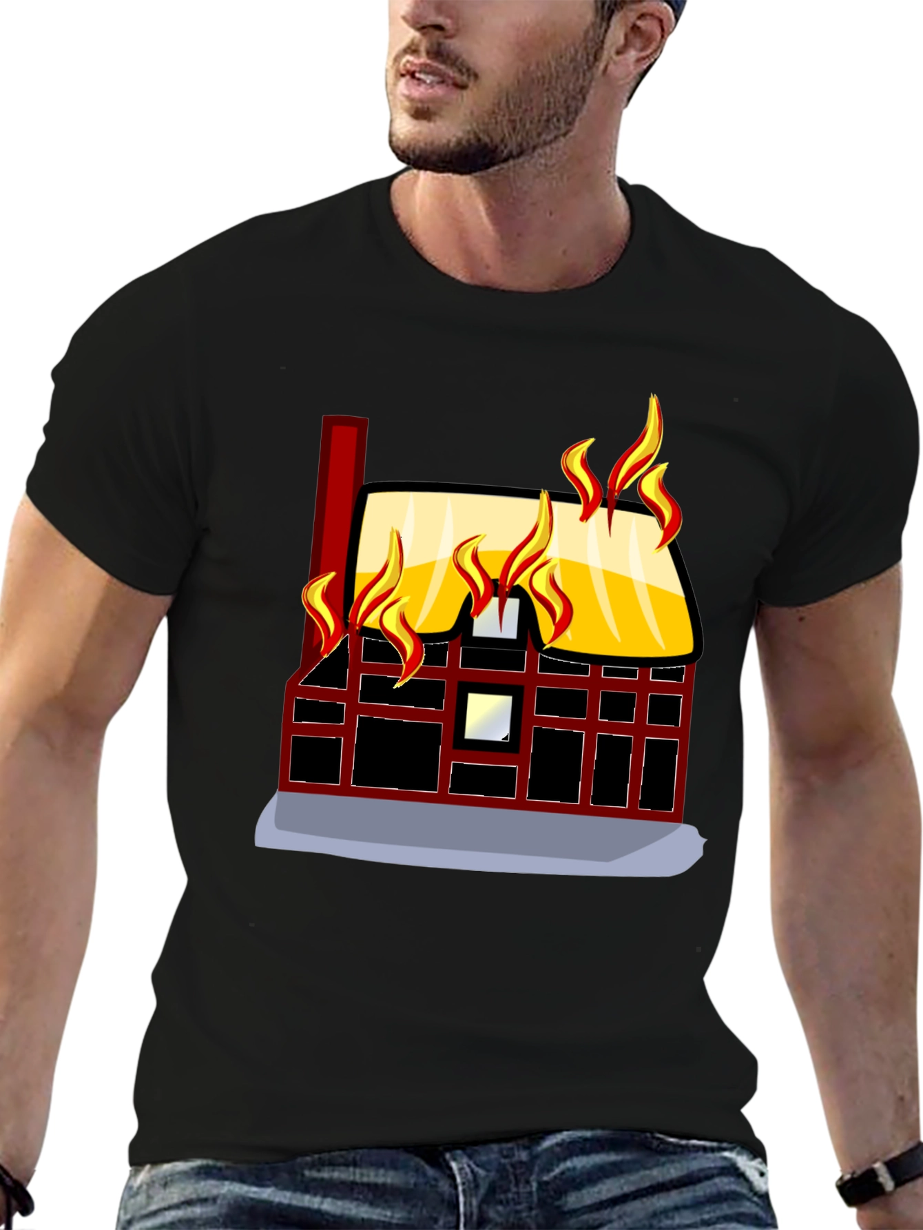 Black Burning House Graphic Tee - Bold Black T-Shirt view 6