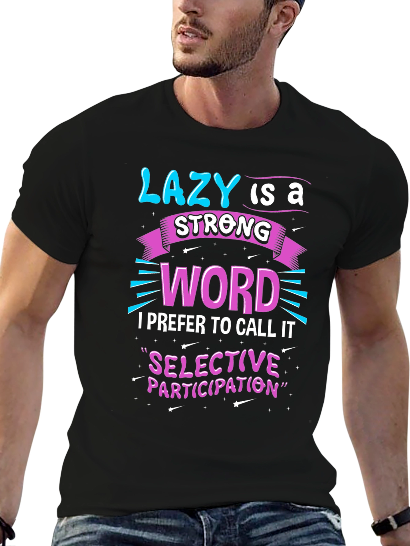 Black Funny Slogan Tee - Lazy is a Strong Word view 6