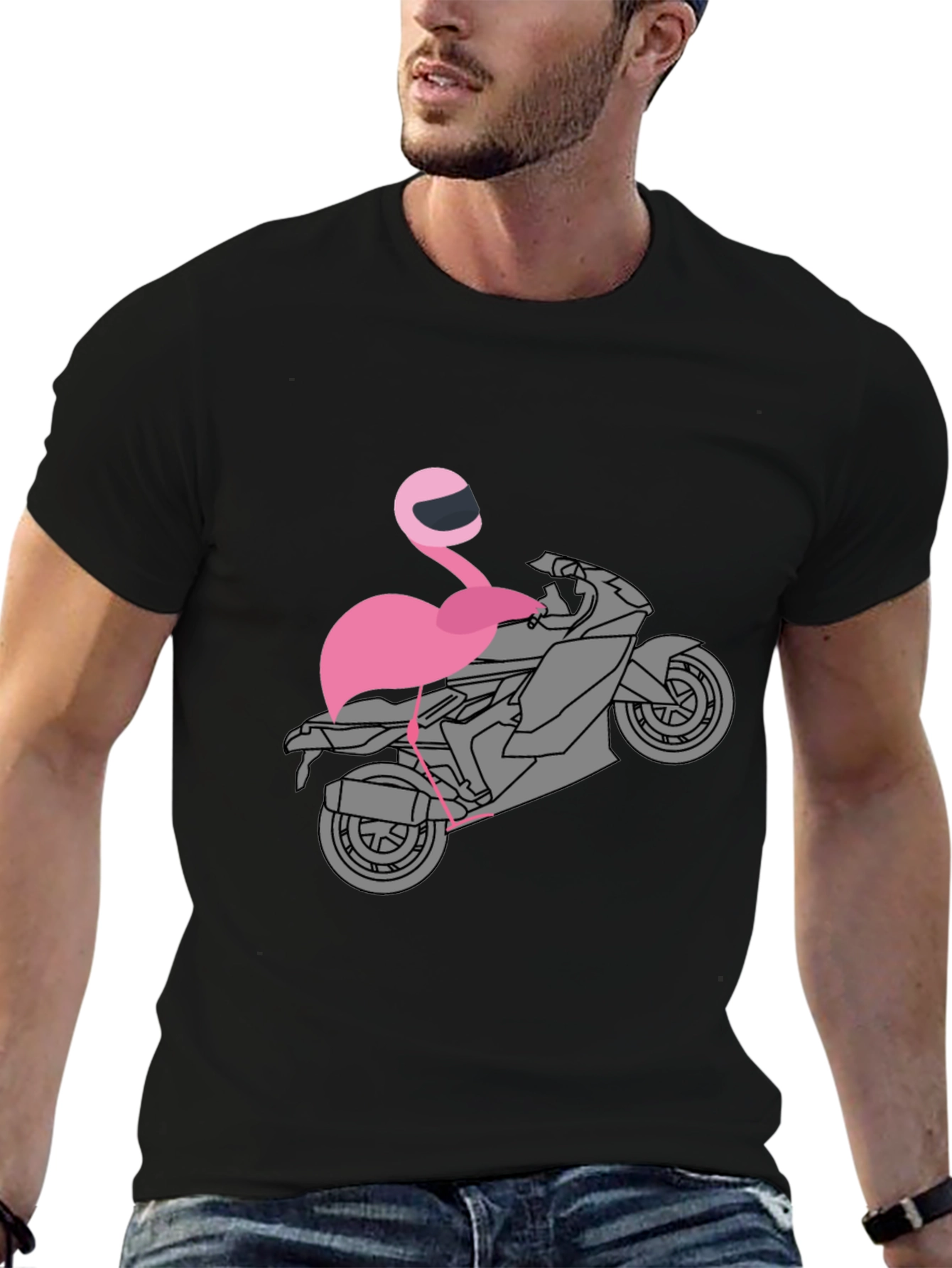 Black Flamingo Biker T-Shirt - Unique Graphic Tee view 6