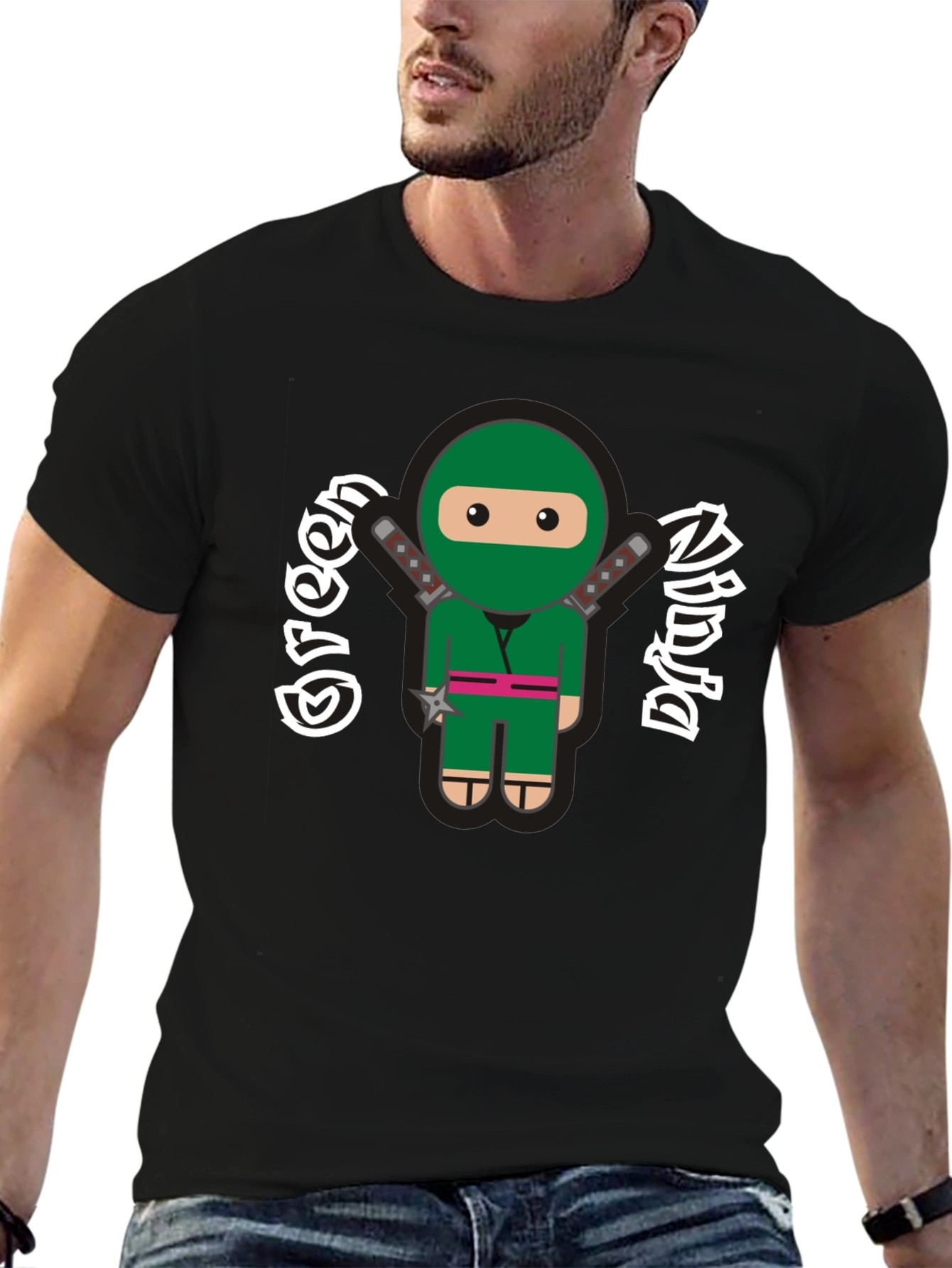 Black Green Ninja Cartoon Graphic T-Shirt view 6
