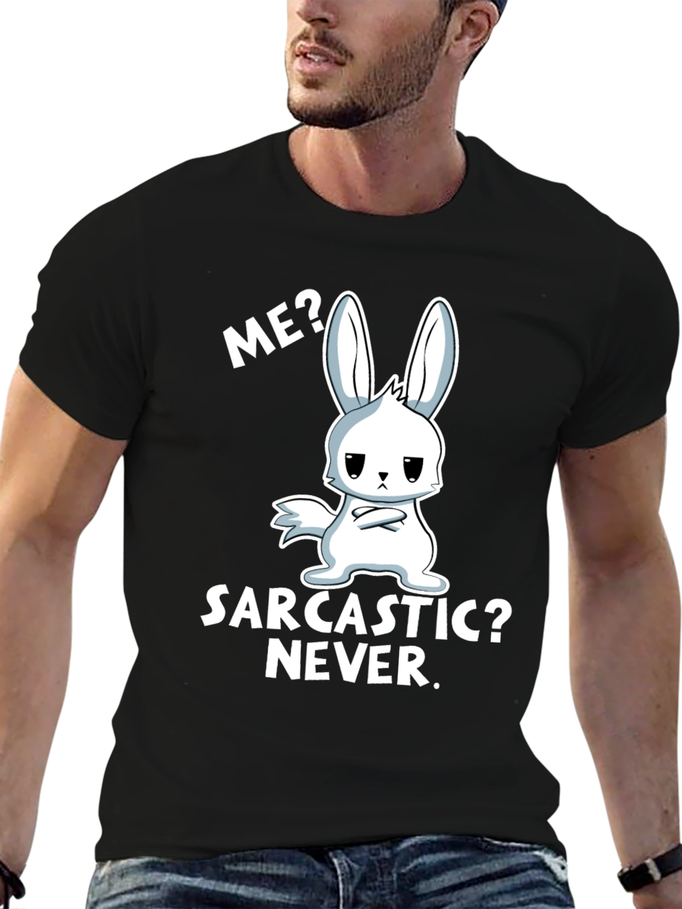 Black Sarcastic Bunny Graphic Tee - Me? Never! view 6