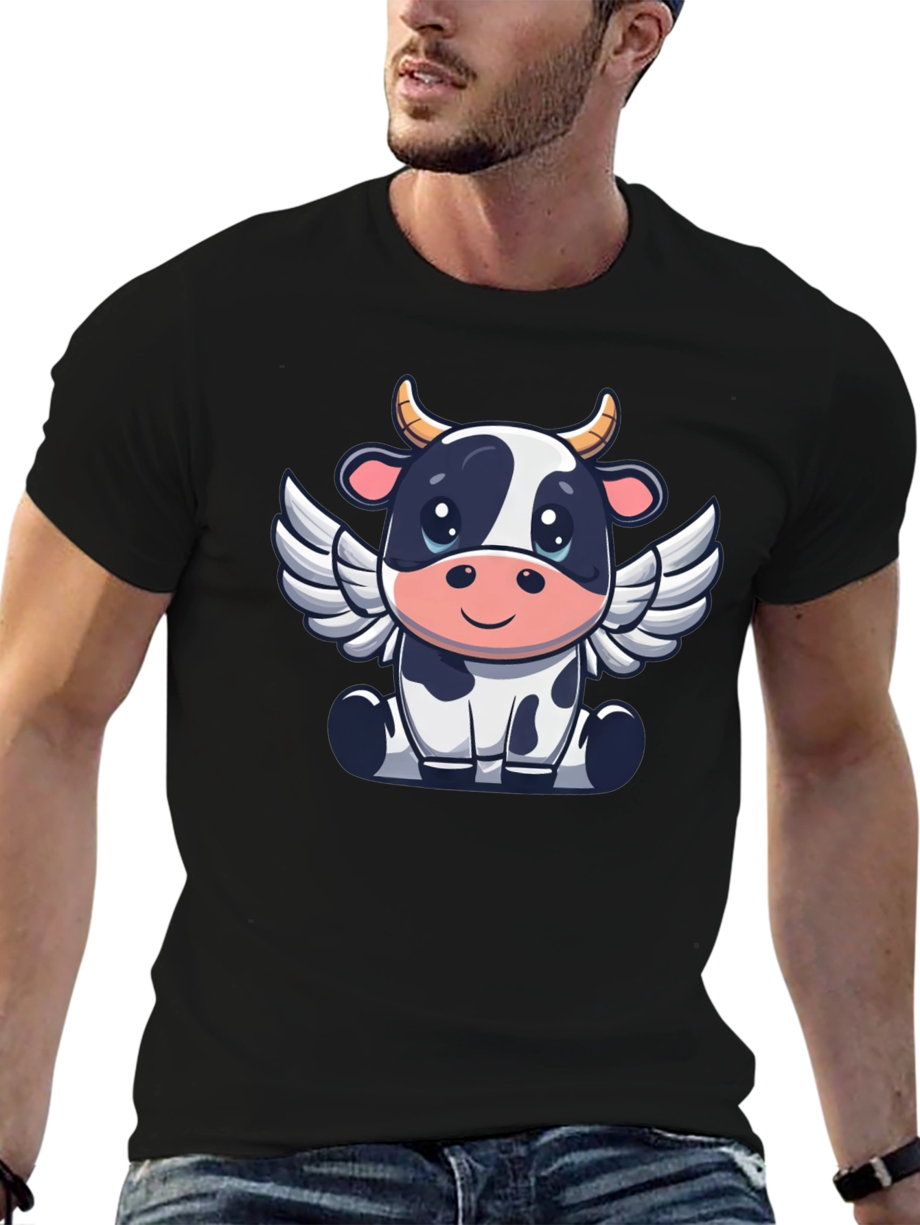Black Cow Angel Graphic Tee - Black Cotton T-Shirt view 6