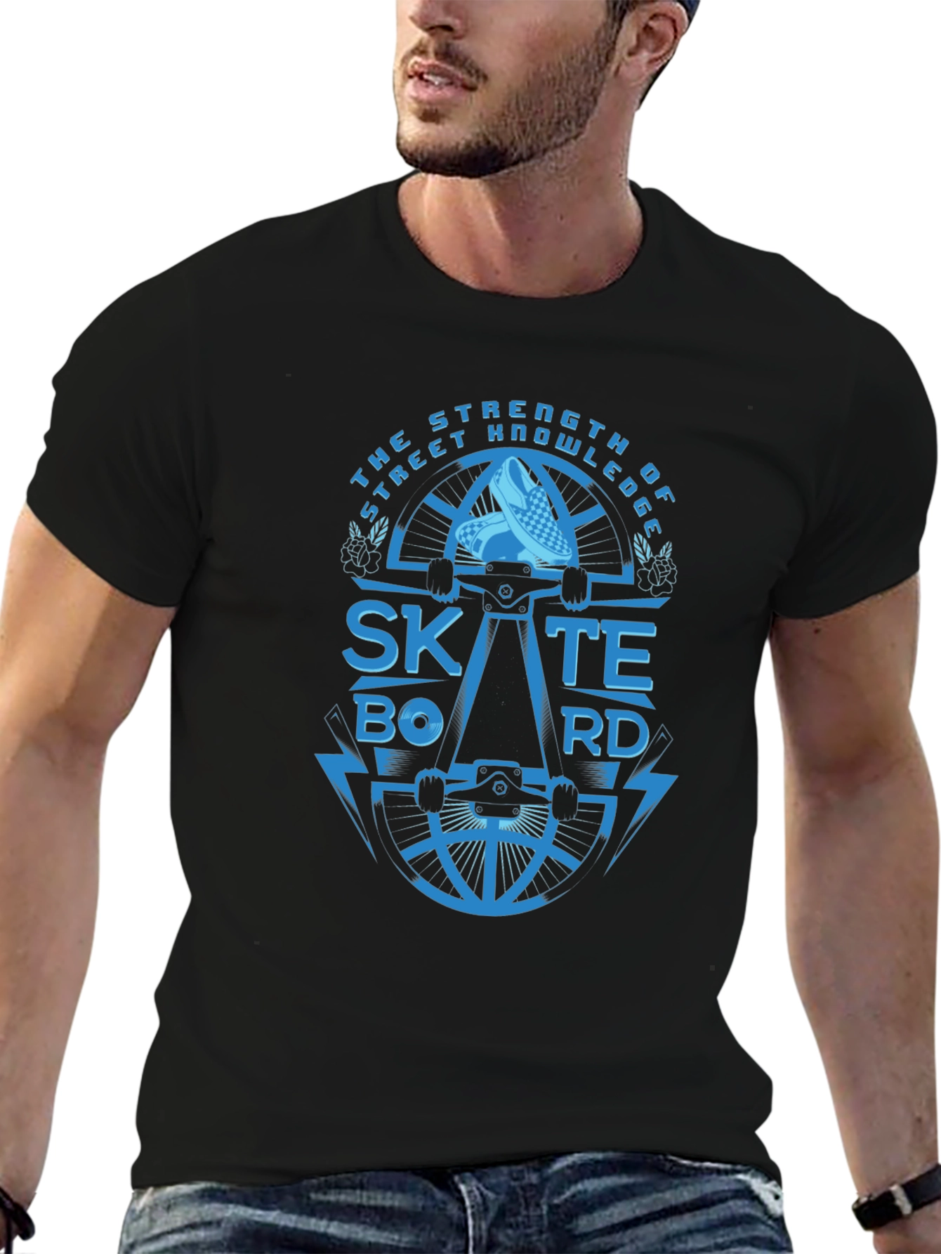 Black Skateboarding Graphic Tee - The Strength of Street Knowledge Black T-Shirt view 6