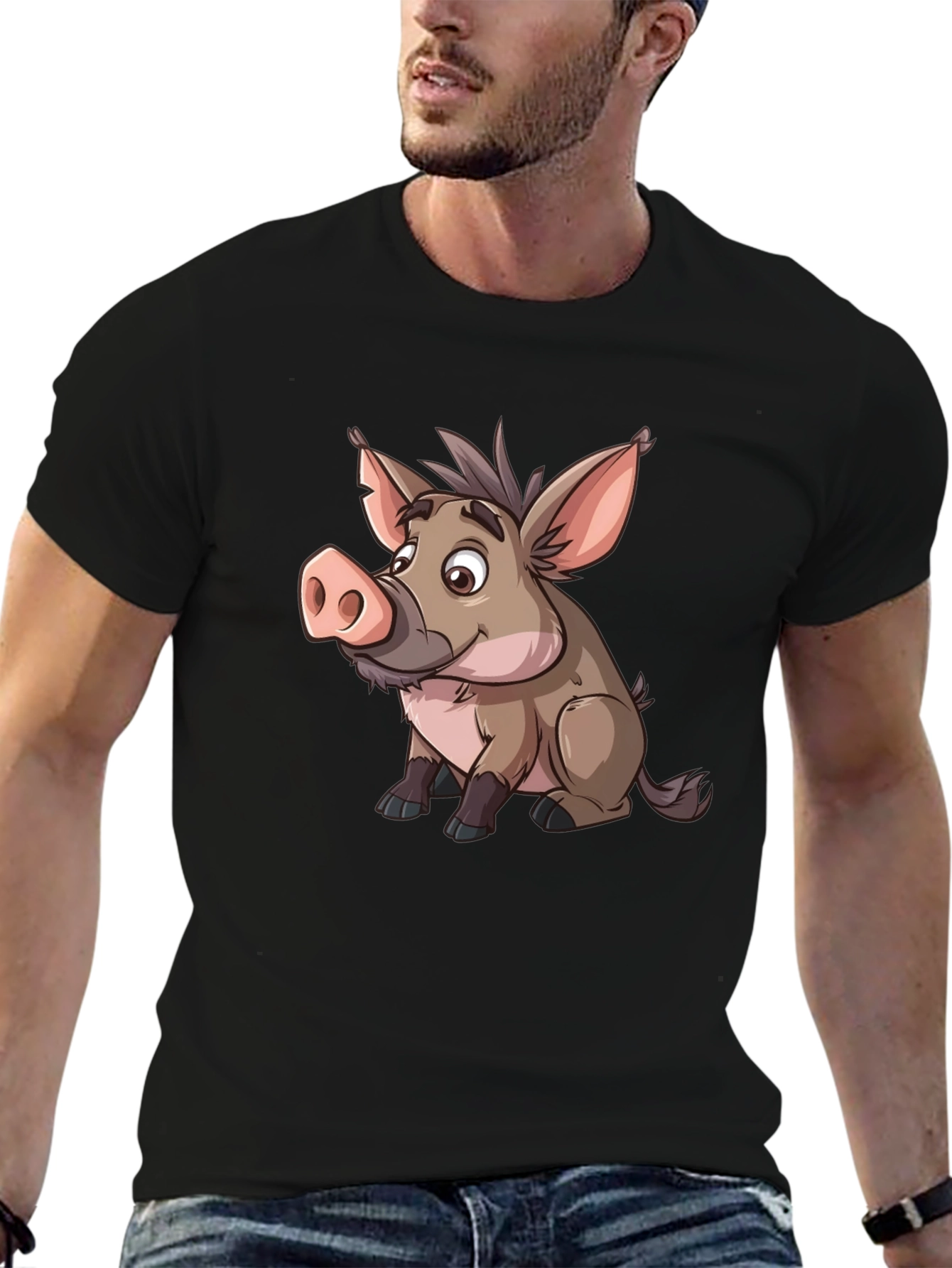 Black Boar Cartoon Graphic Black T-Shirt view 6