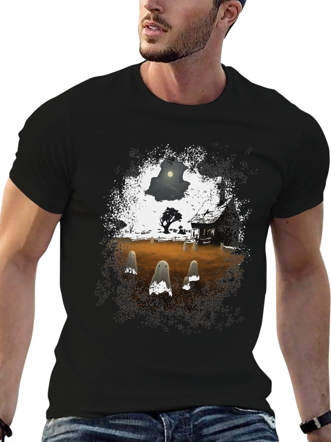 Black Spooky Ghost Scene Graphic T-Shirt view 6