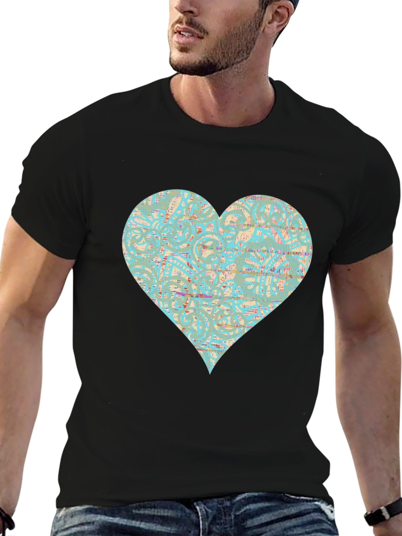 Black Patterned Heart Graphic Tee - Stylish Casual Wear view 6