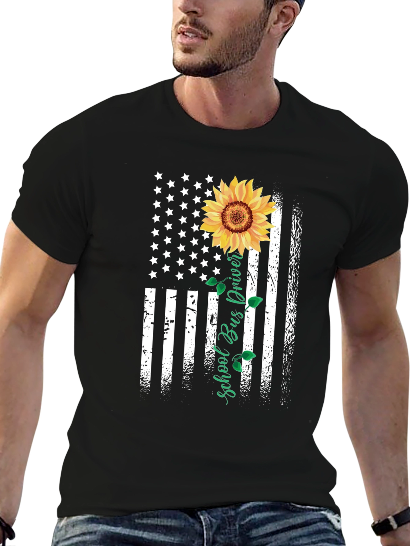Black Sunflower American Flag School Bus Driver T-Shirt view 6