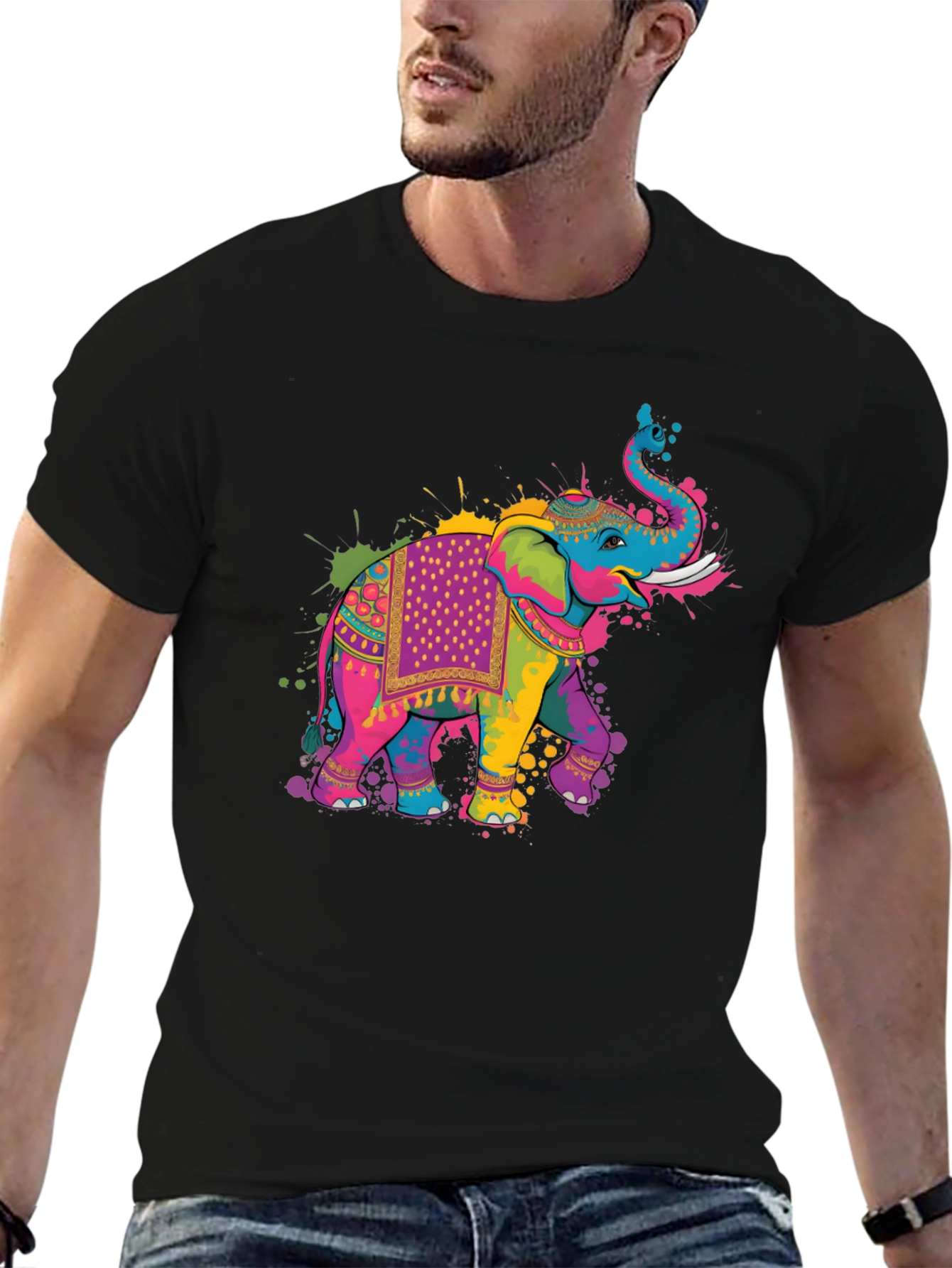 Black Colorful Elephant Graphic T-Shirt view 6