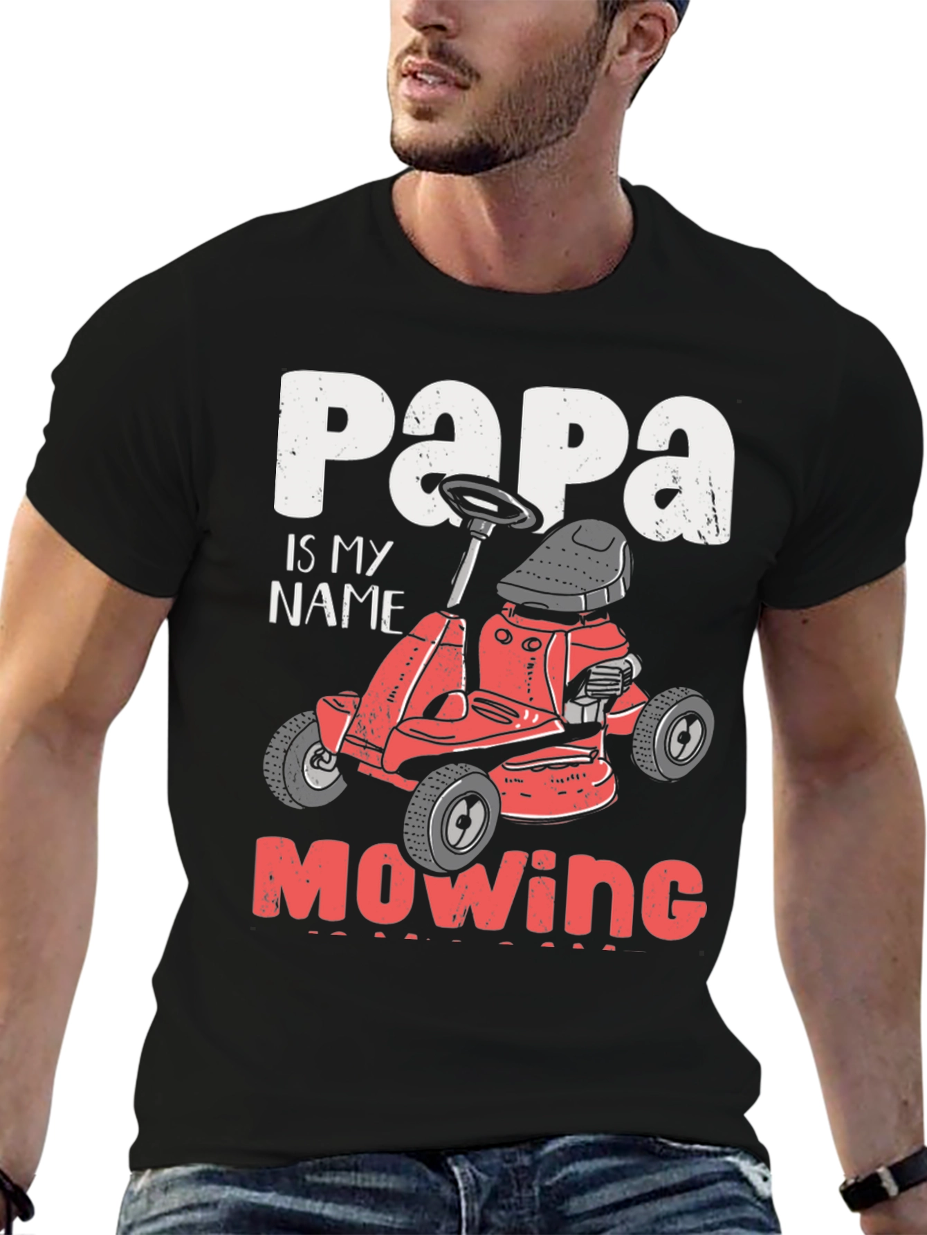 Black Papa Mowing T-Shirt - Funny Lawn Mower Dad Tee view 6