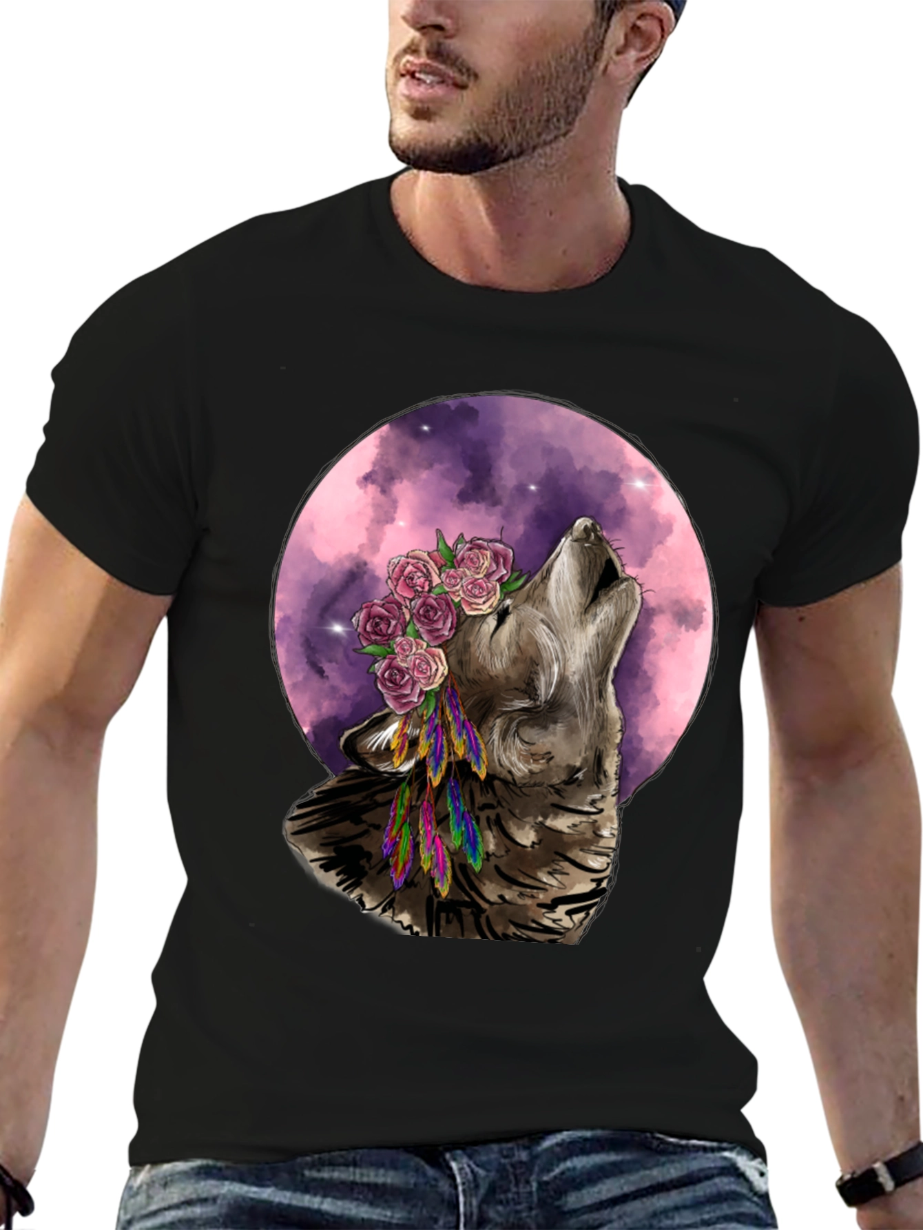 Black Wolf Moon Flower Crown T-Shirt - Nature Inspired Graphic Tee view 6