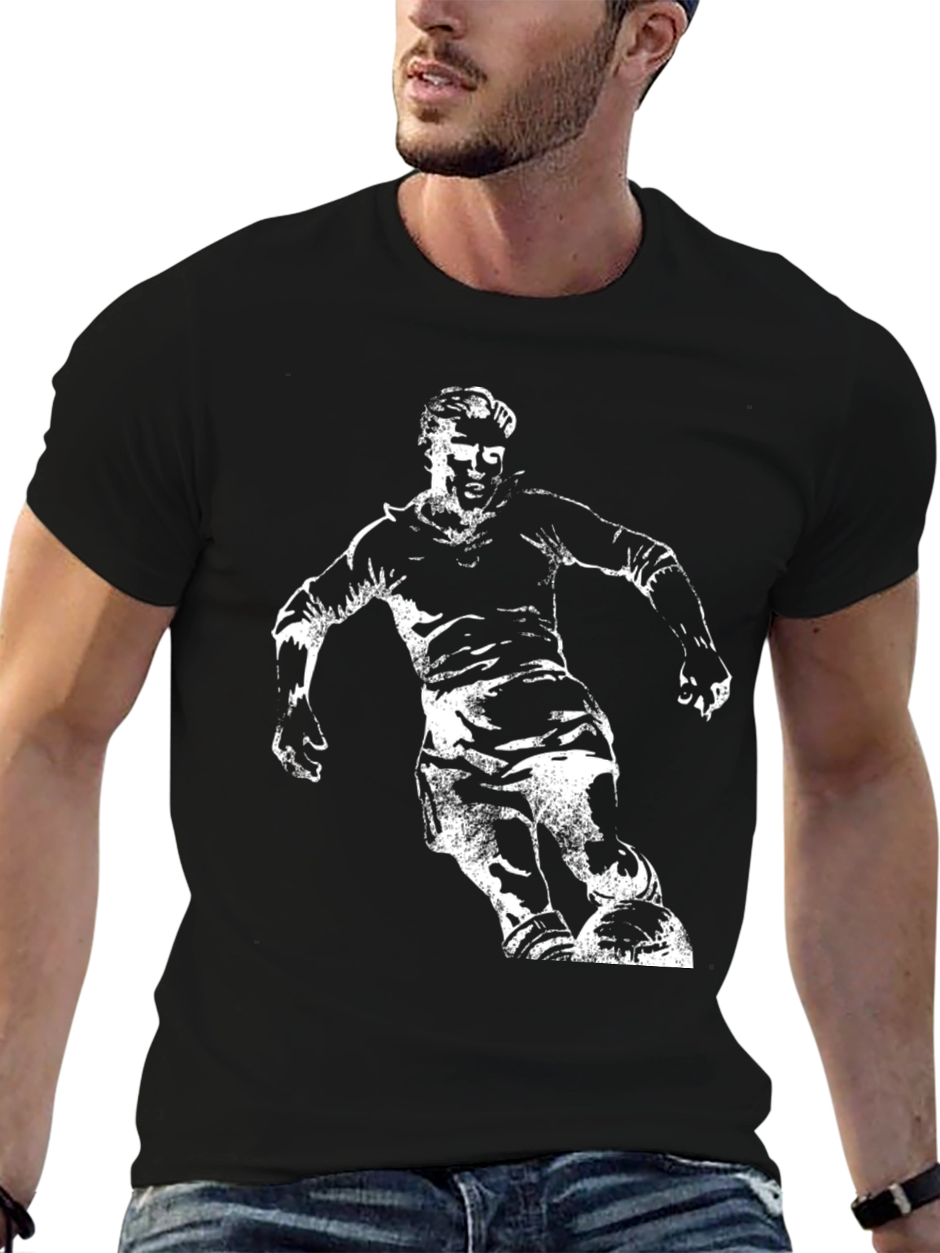 Black Soccer Player Graphic Tee - Black Cotton Casual T-Shirt view 6