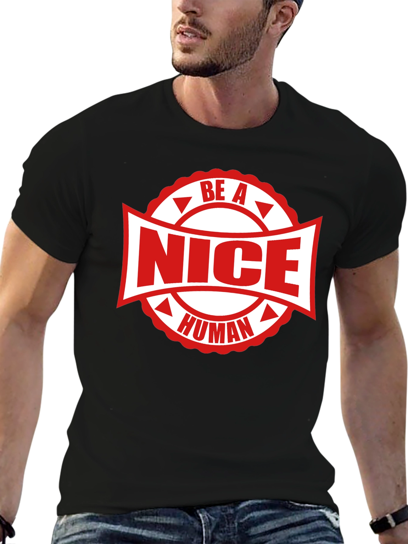 Black Be A Nice Human Graphic Tee - Black Cotton T-Shirt view 6