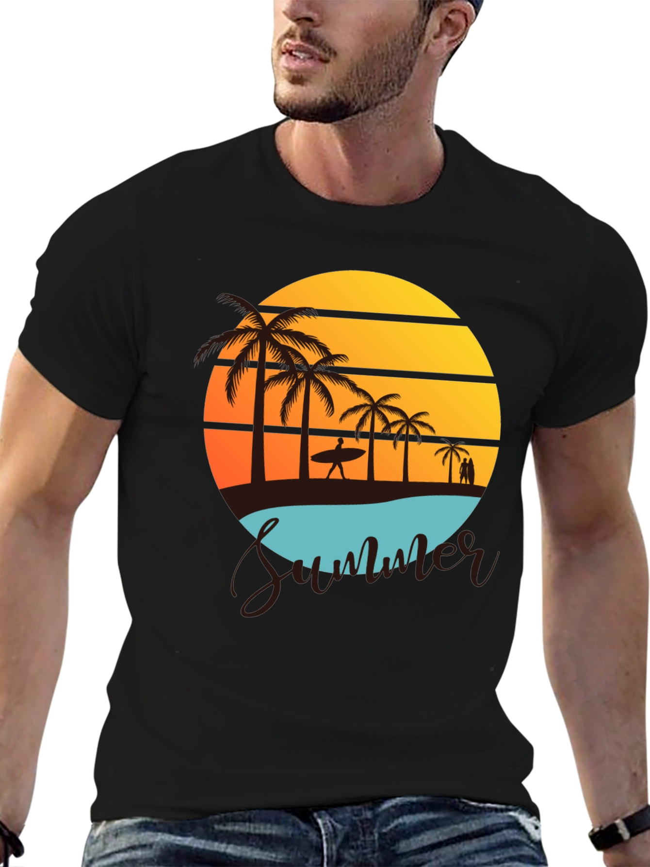 Black Summer Beach Graphic Tee - Palm Trees & Sunset view 6
