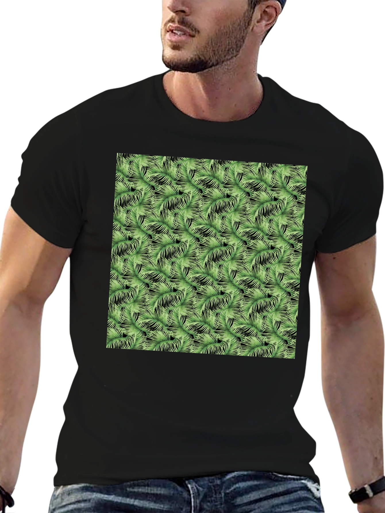 Black Tropical Green Leaf Print Black T-Shirt view 6