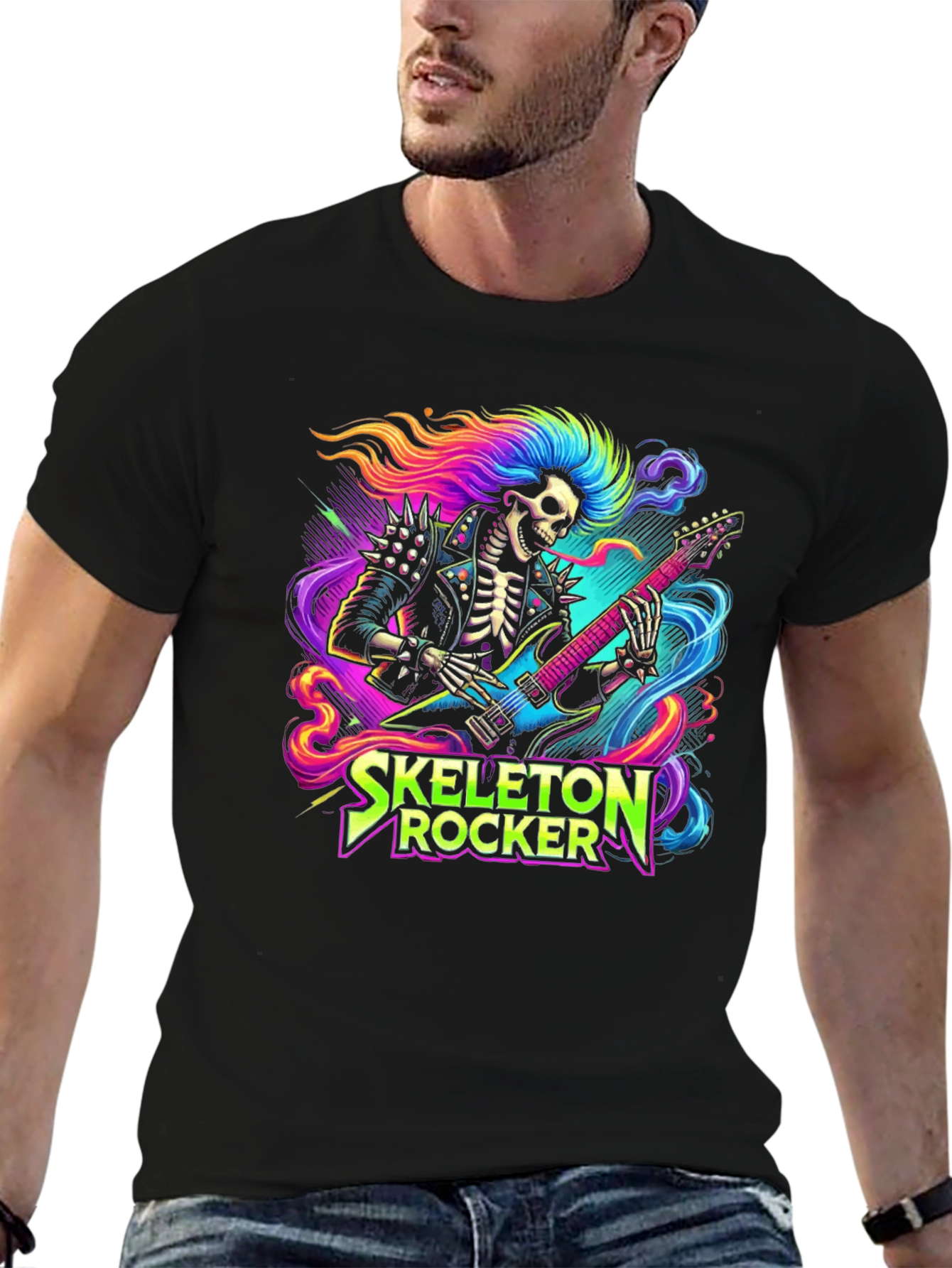 Black Skeleton Rocker T-Shirt - Neon Punk Design view 6