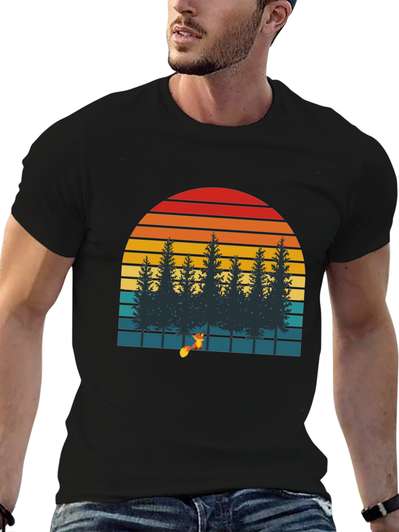 Black Retro Sunset Forest Fox Graphic T-Shirt view 6