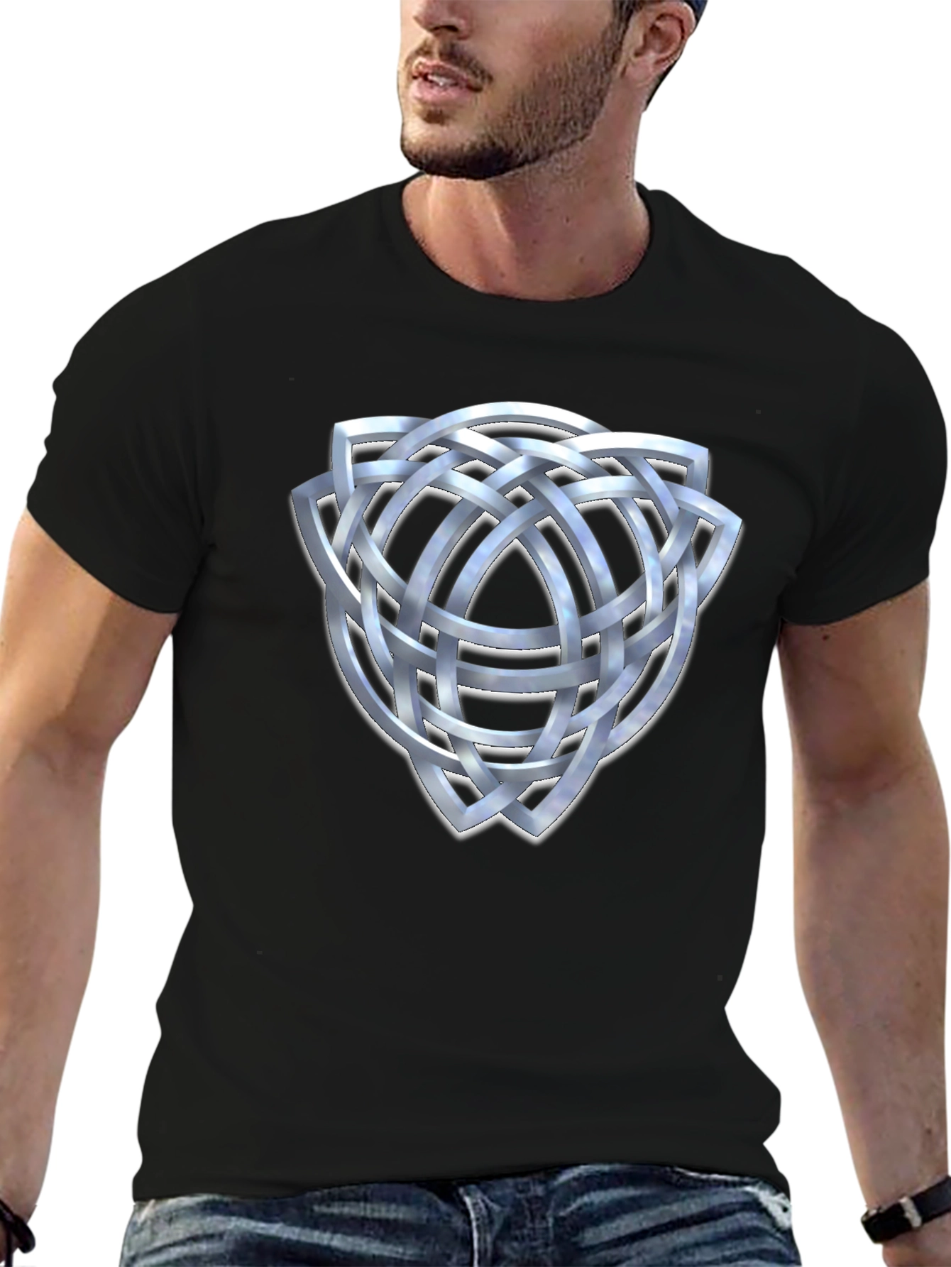 Black Celtic Knot T-Shirt - Silver Trinity Design view 6