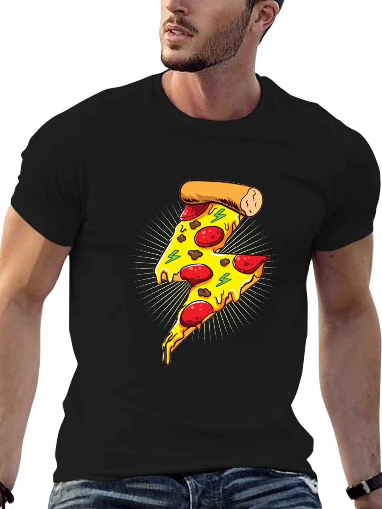 Black Pizza Lightning Bolt Graphic T-Shirt - Unisex view 6