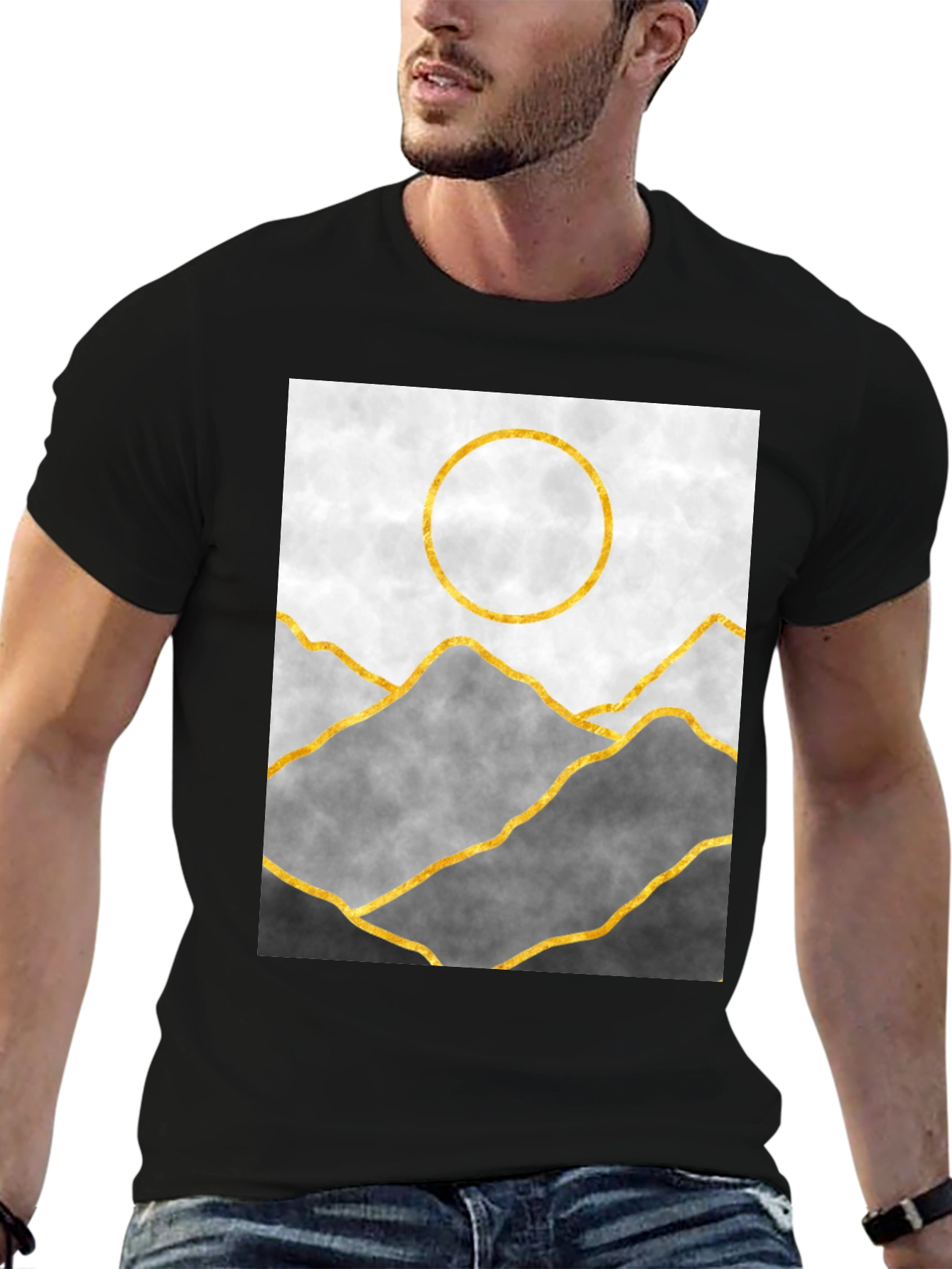Black Abstract Mountain Gold Line Art Graphic Tee view 6