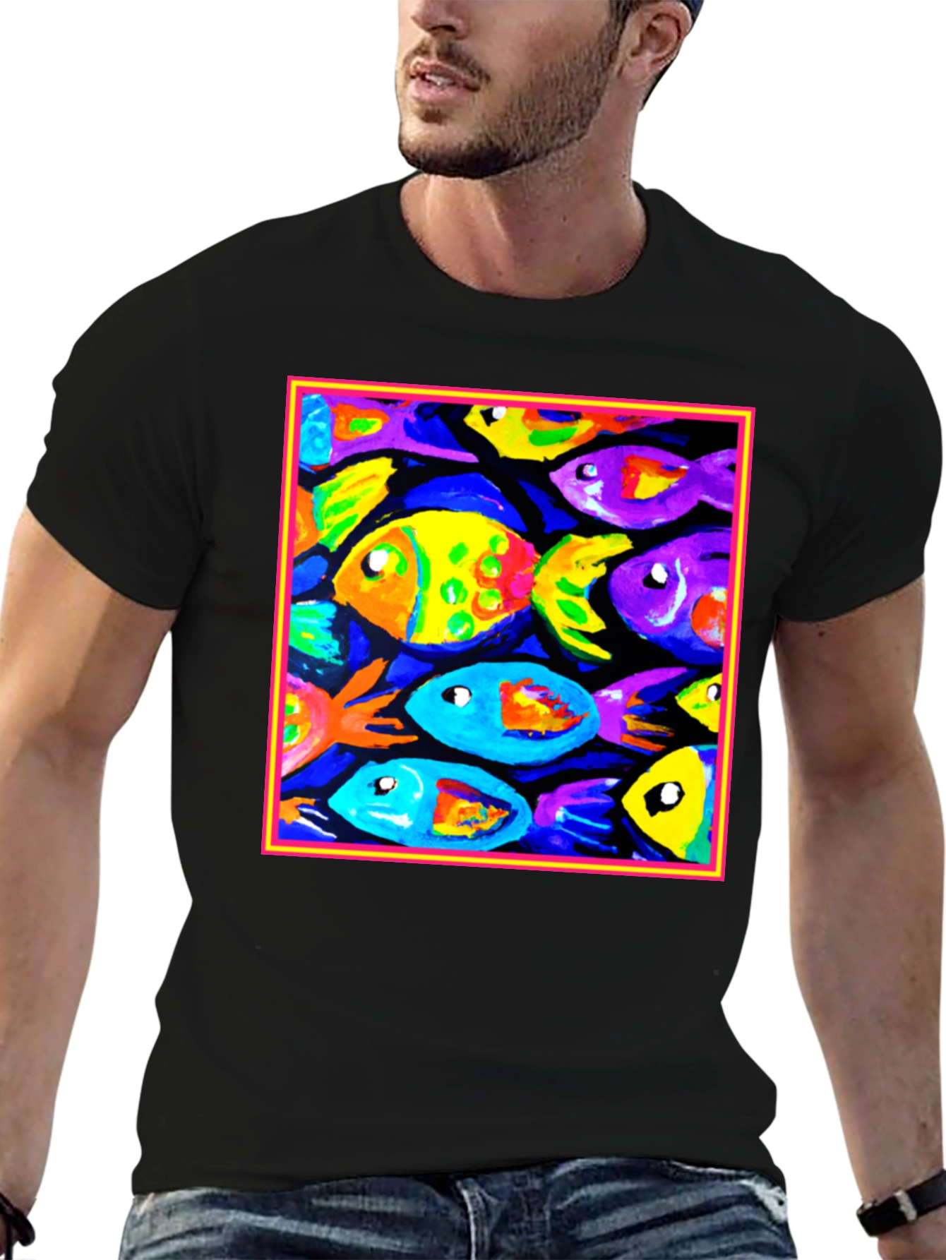 Black Colorful Fish Art Graphic T-Shirt view 6