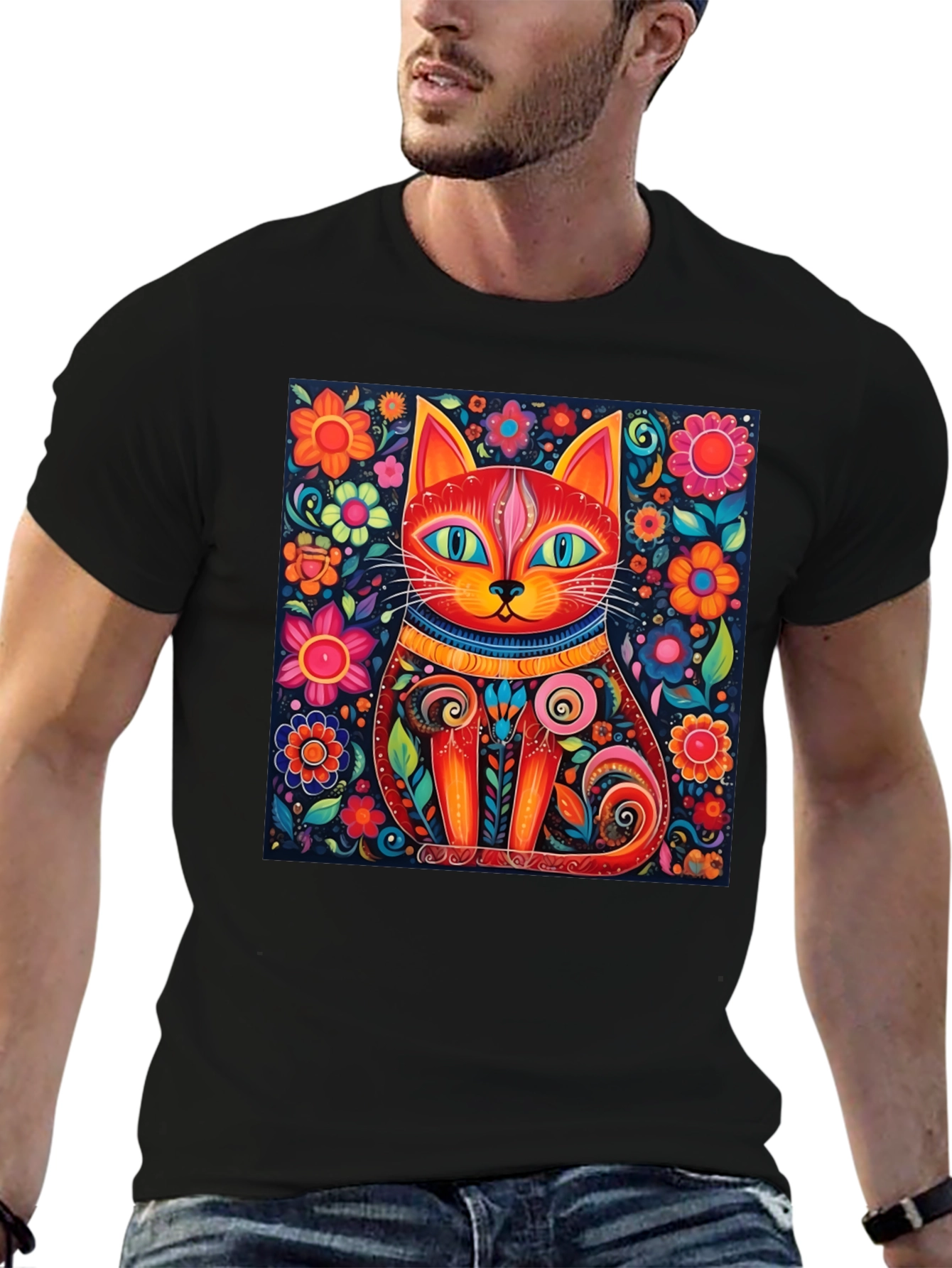 Black Colorful Cat Art T-Shirt - Whimsical Floral Feline Design view 6