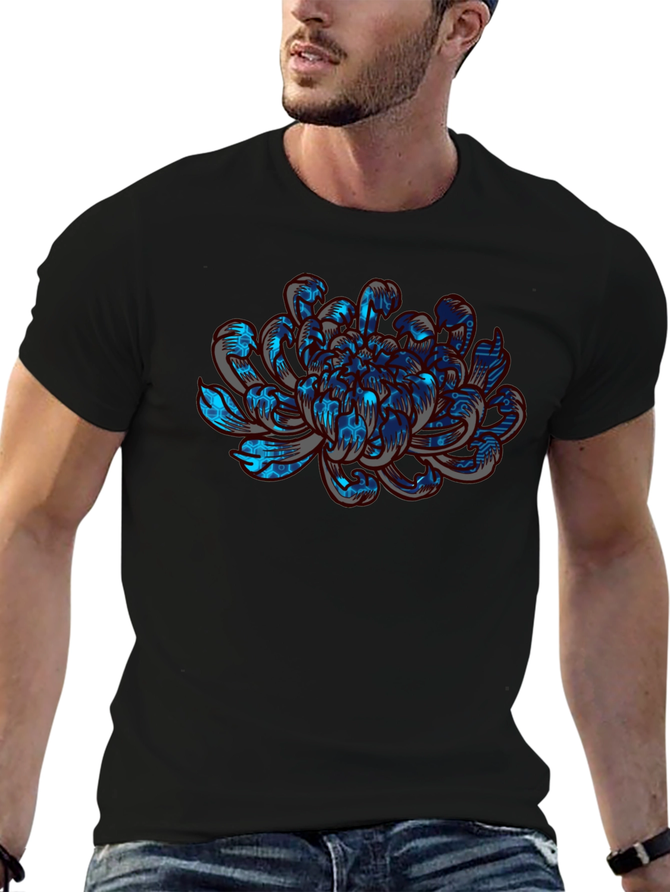 Black Tech Flower Graphic Tee - Modern Artistic Design view 6