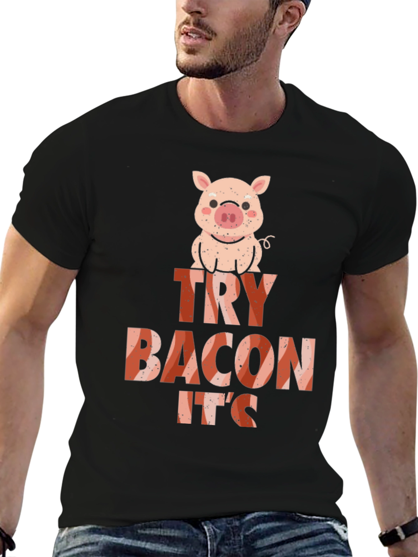 Black Funny Try Bacon It's Pig Black T-Shirt view 6