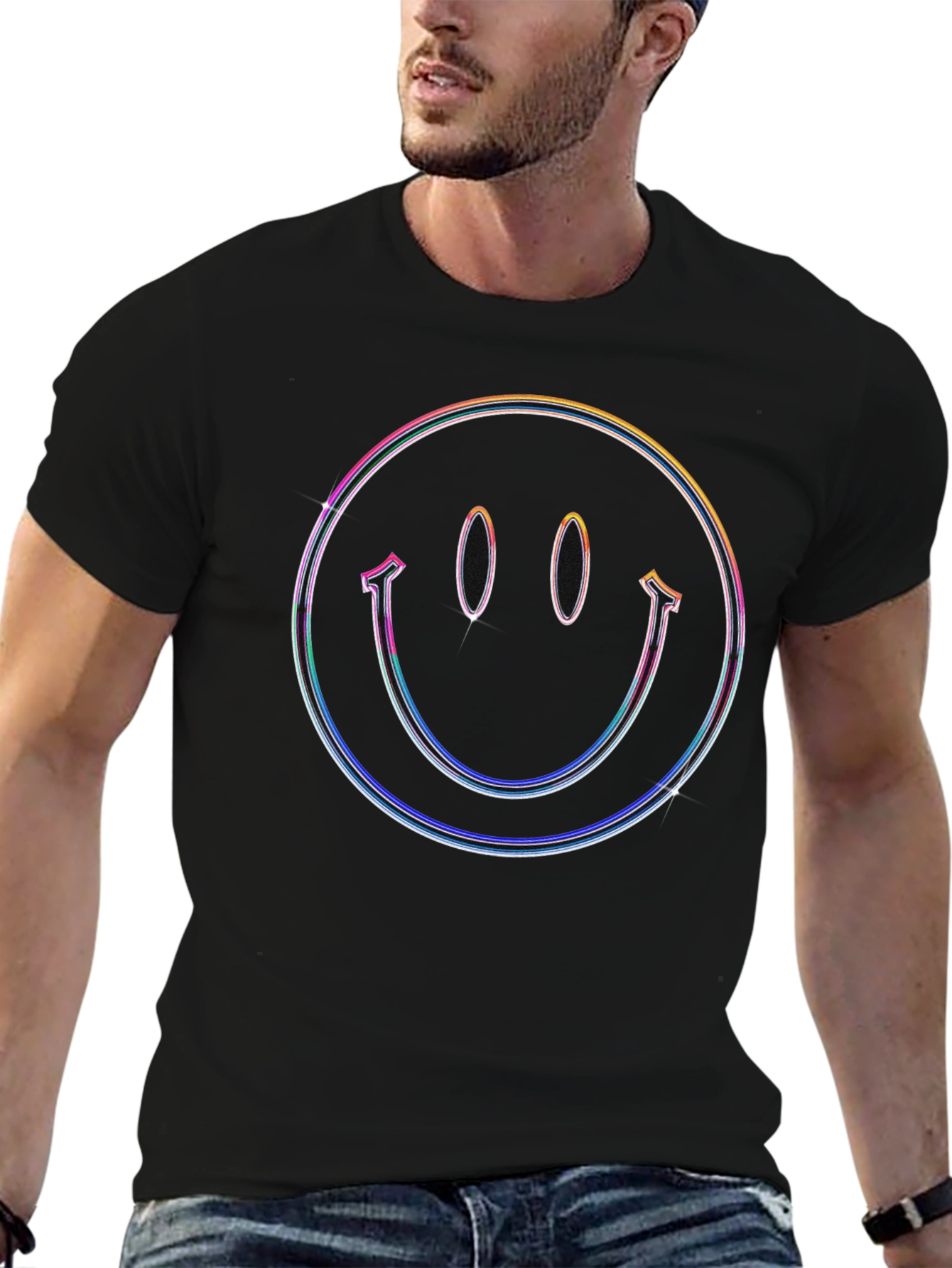 Black Retro Smiley Face Graphic Tee - Black Cotton Blend view 6
