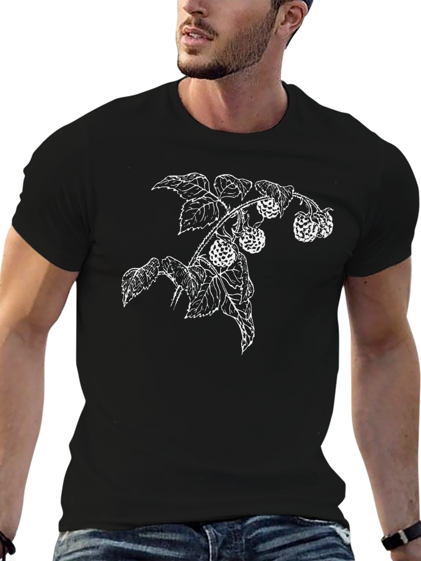 Black Botanical Raspberry Branch Black T-Shirt view 6