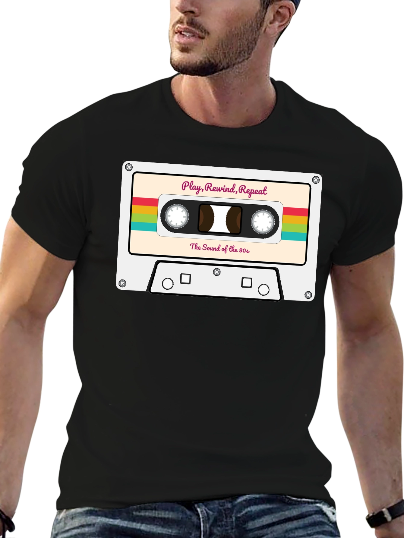 Black Retro 80s Cassette Tape Graphic Tee - Play Rewind Repeat view 6