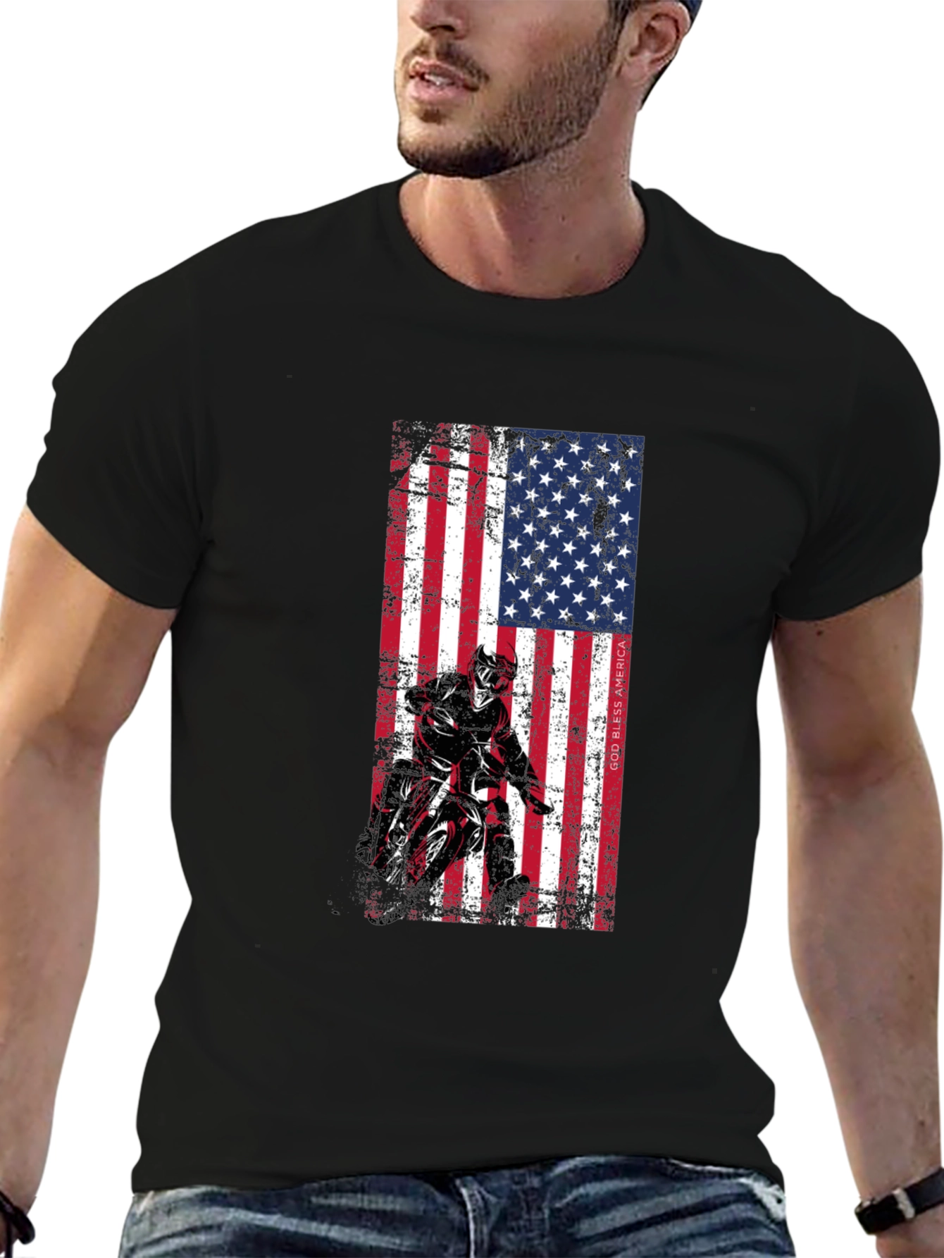 Black American Flag Motocross T-Shirt - Patriotic Design view 6