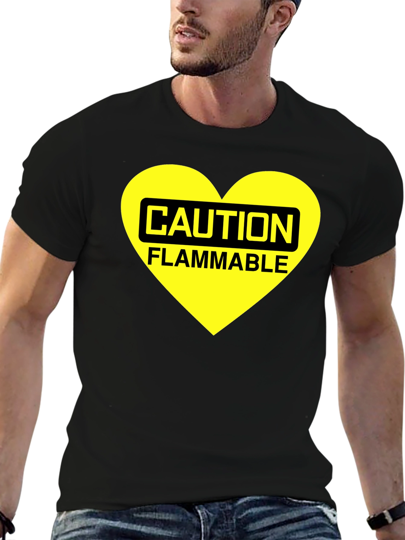 Black Caution Flammable Heart T-Shirt - Black Cotton Blend Tee view 6