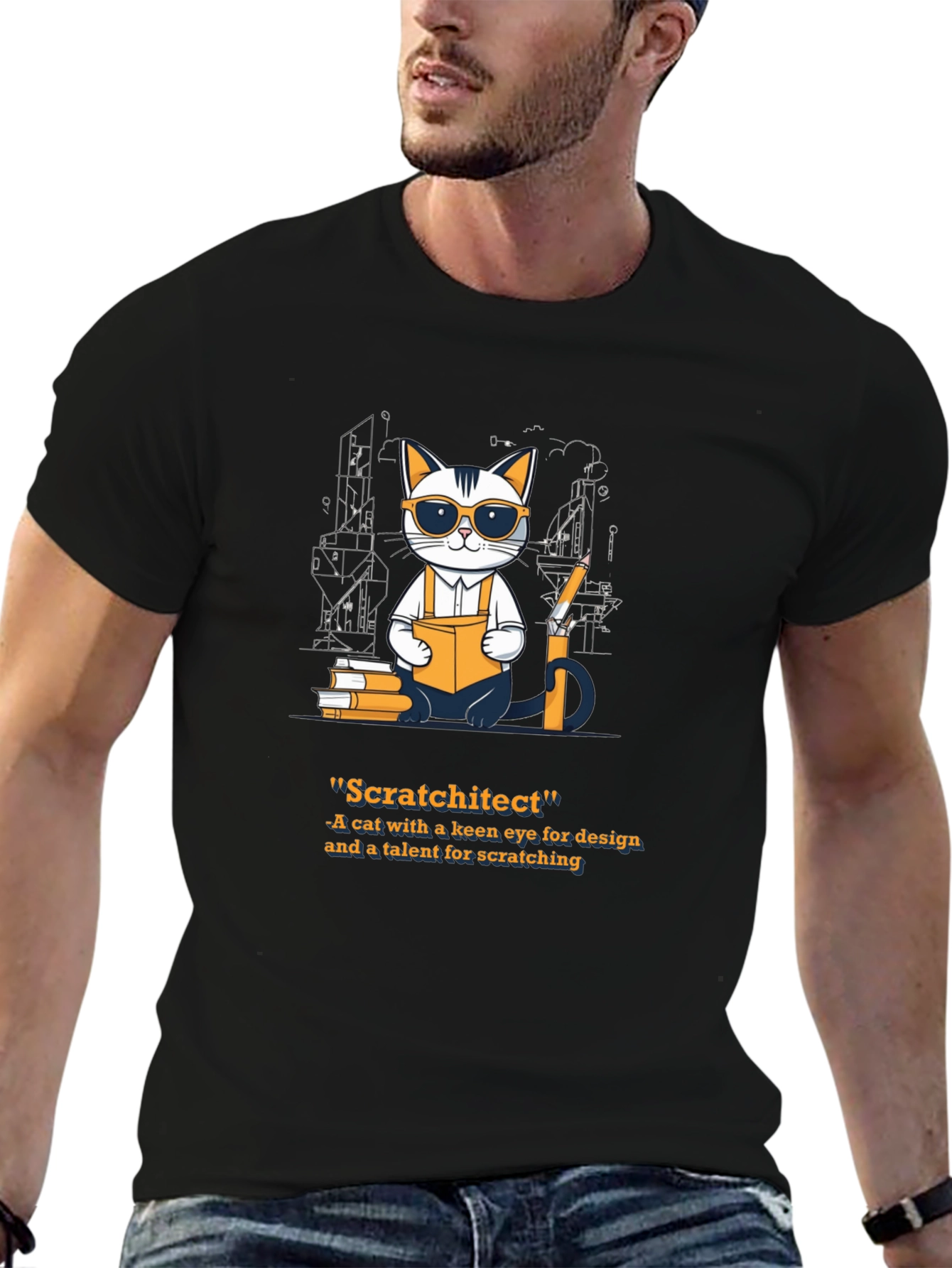 Black Scratchitect T-Shirt - Cat Architect Design view 6