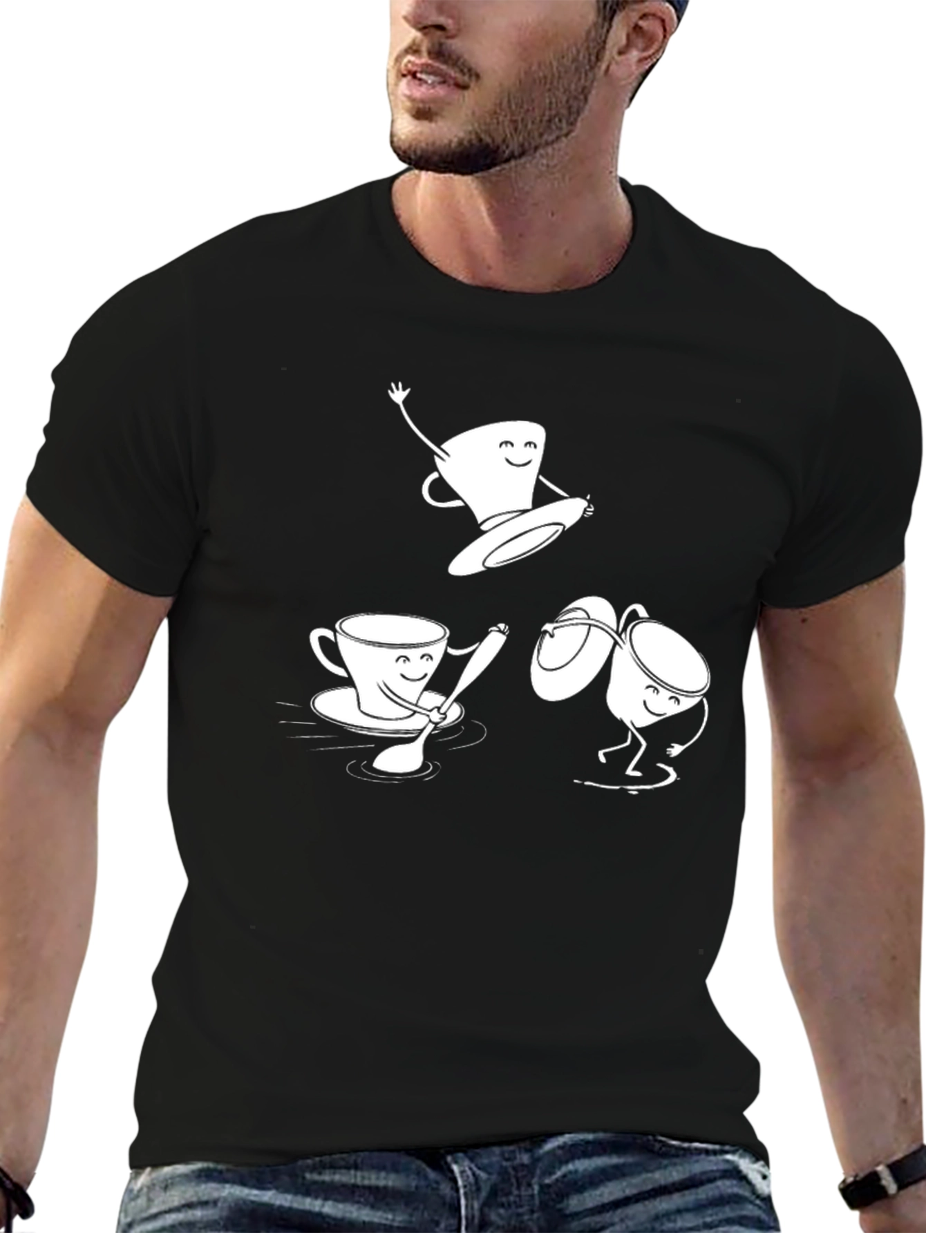 Black Fun Coffee Cup Cartoon Graphic T-Shirt view 6
