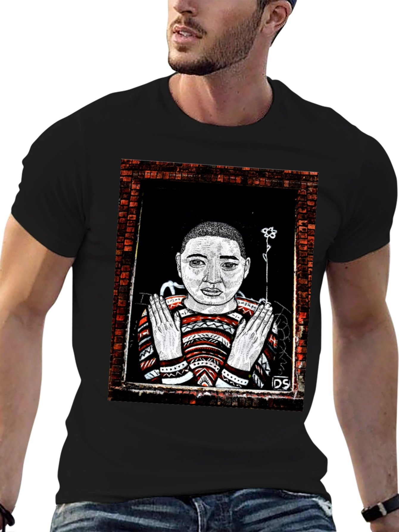 Black Unique Graphic Print Tee - Artistic Portrait Design view 6