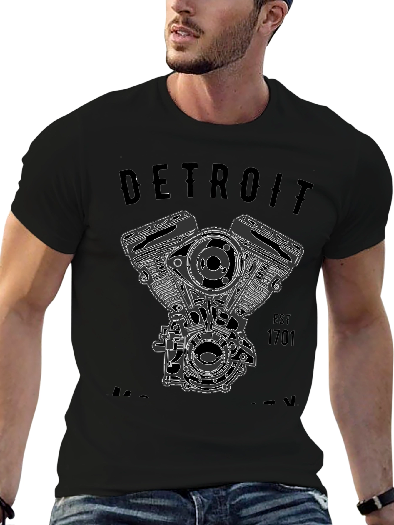 Black Detroit Motorcycle Engine Graphic T-Shirt view 6