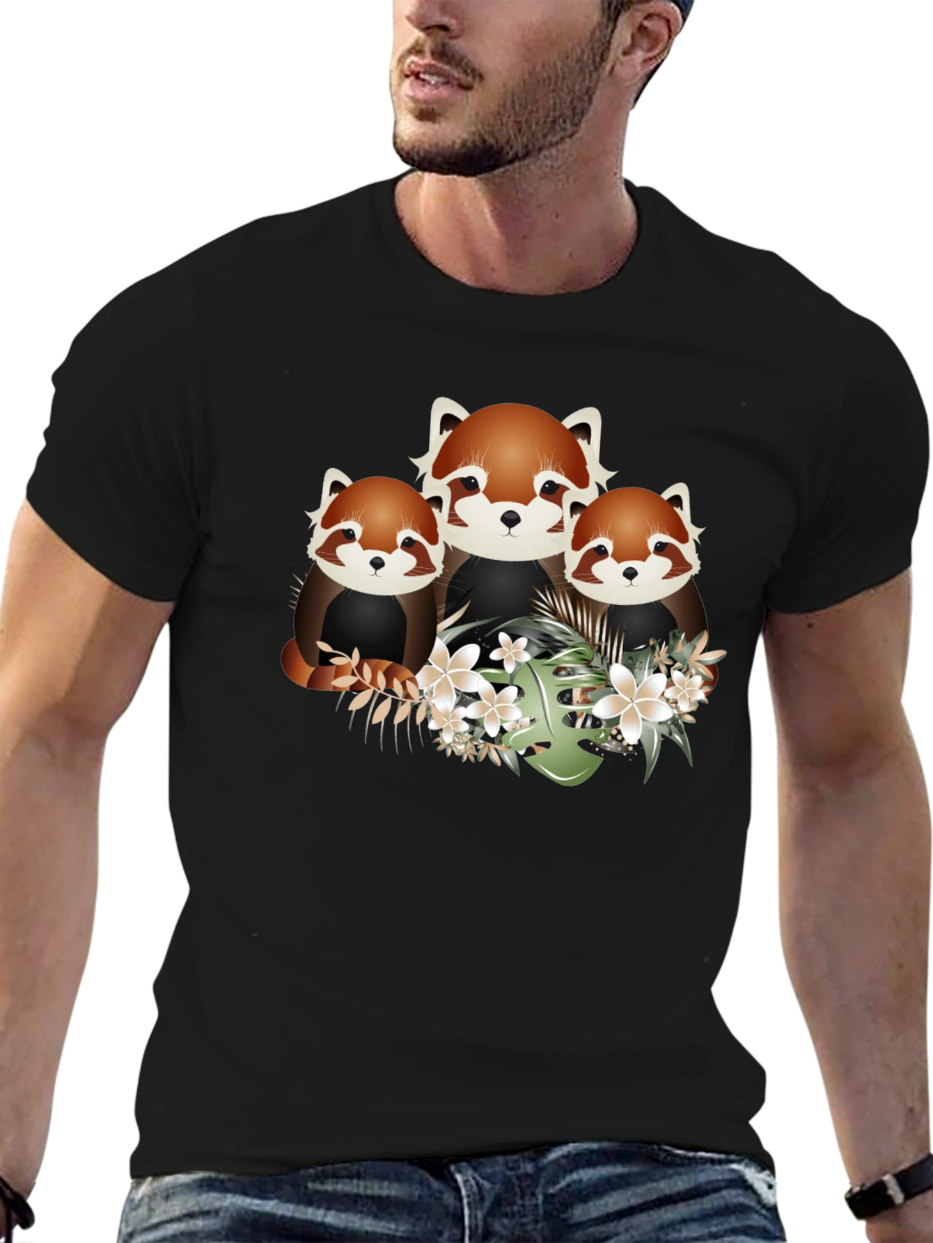 Black Red Panda Floral Graphic Black T-Shirt view 6