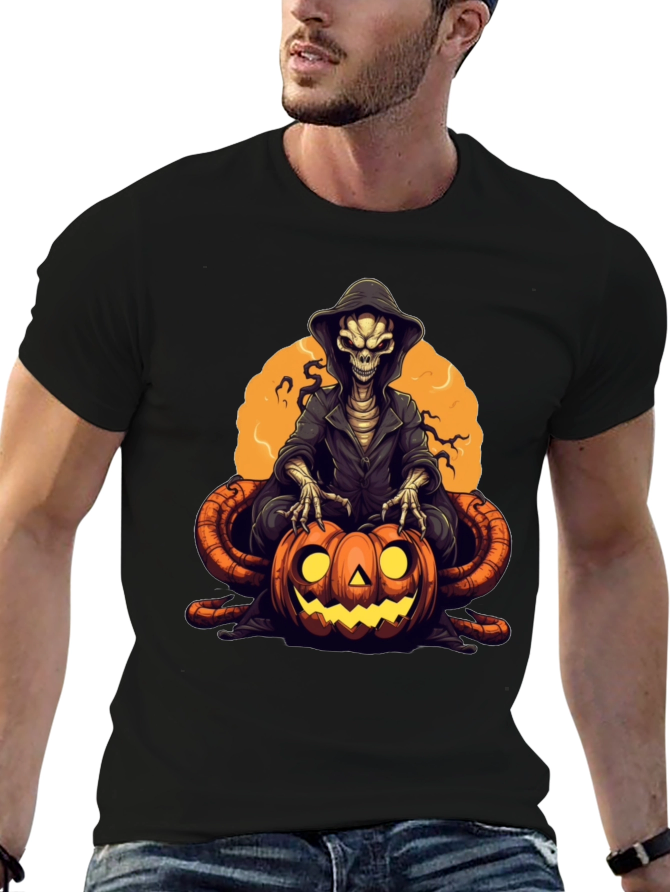 Black Grim Reaper Pumpkin Graphic Tee - Halloween Style view 6