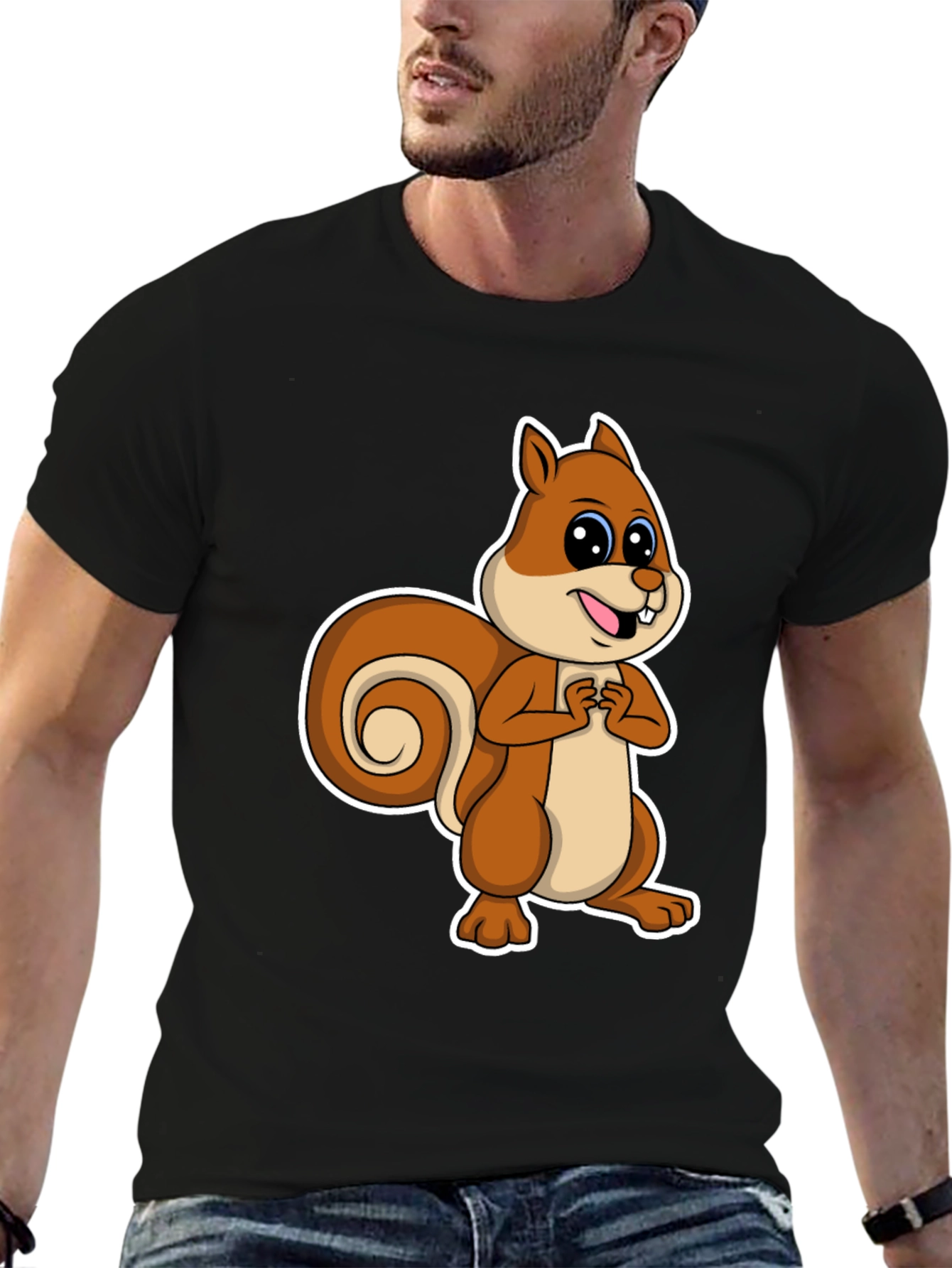 Black Cute Squirrel Graphic T-Shirt - Black Cotton Tee view 6