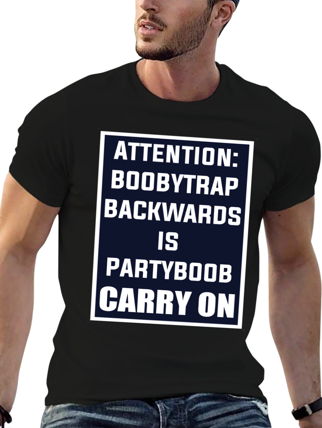 Black Attention Boobytrap Partyboob Funny T-Shirt view 6