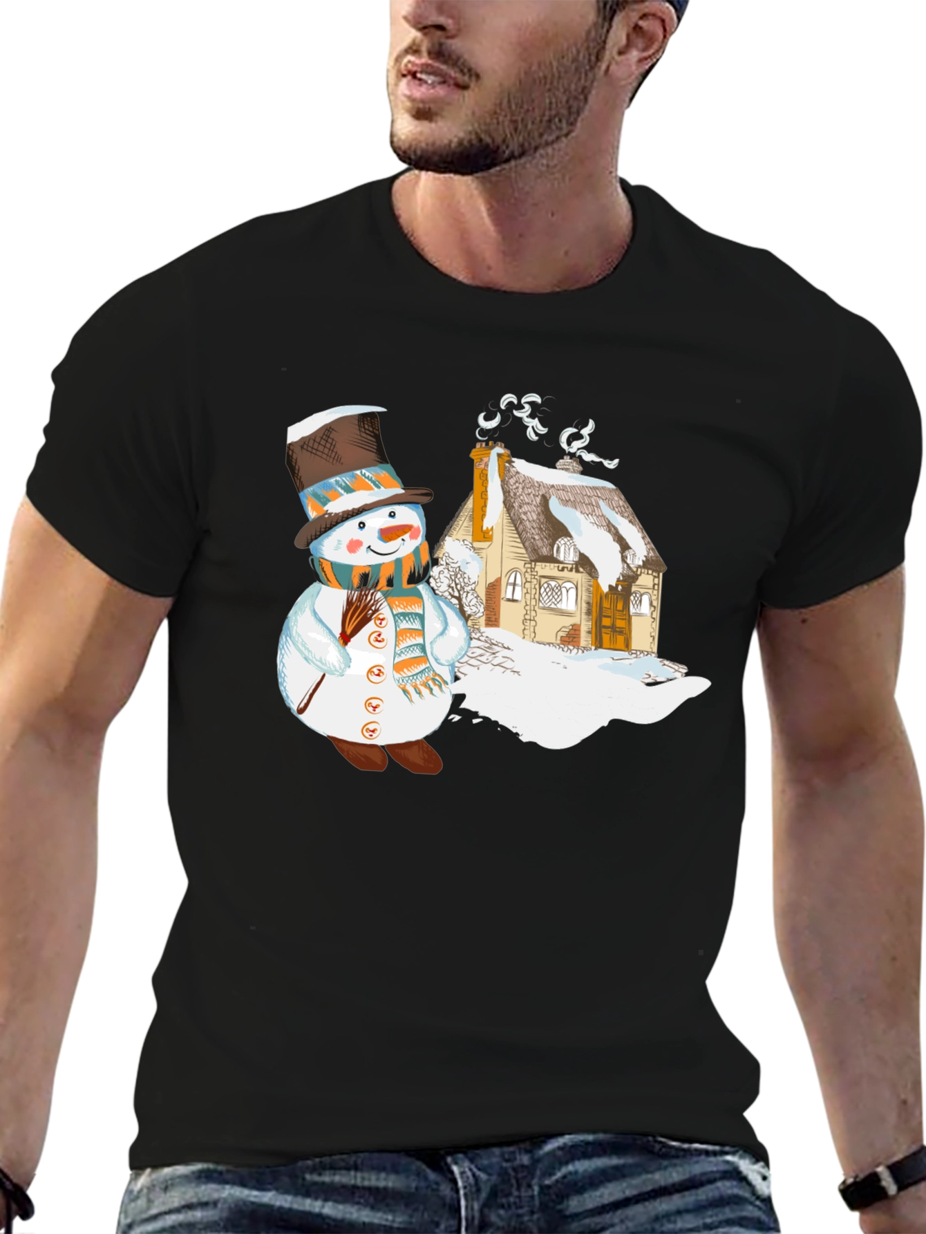 Black Snowman & Cottage Graphic T-Shirt view 6