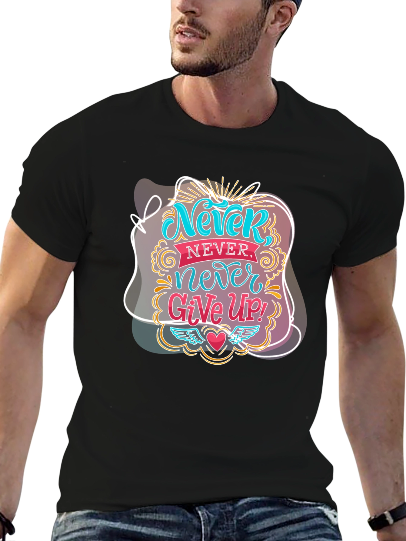 Black Never Give Up Graphic Tee - Motivational Black T-Shirt view 6