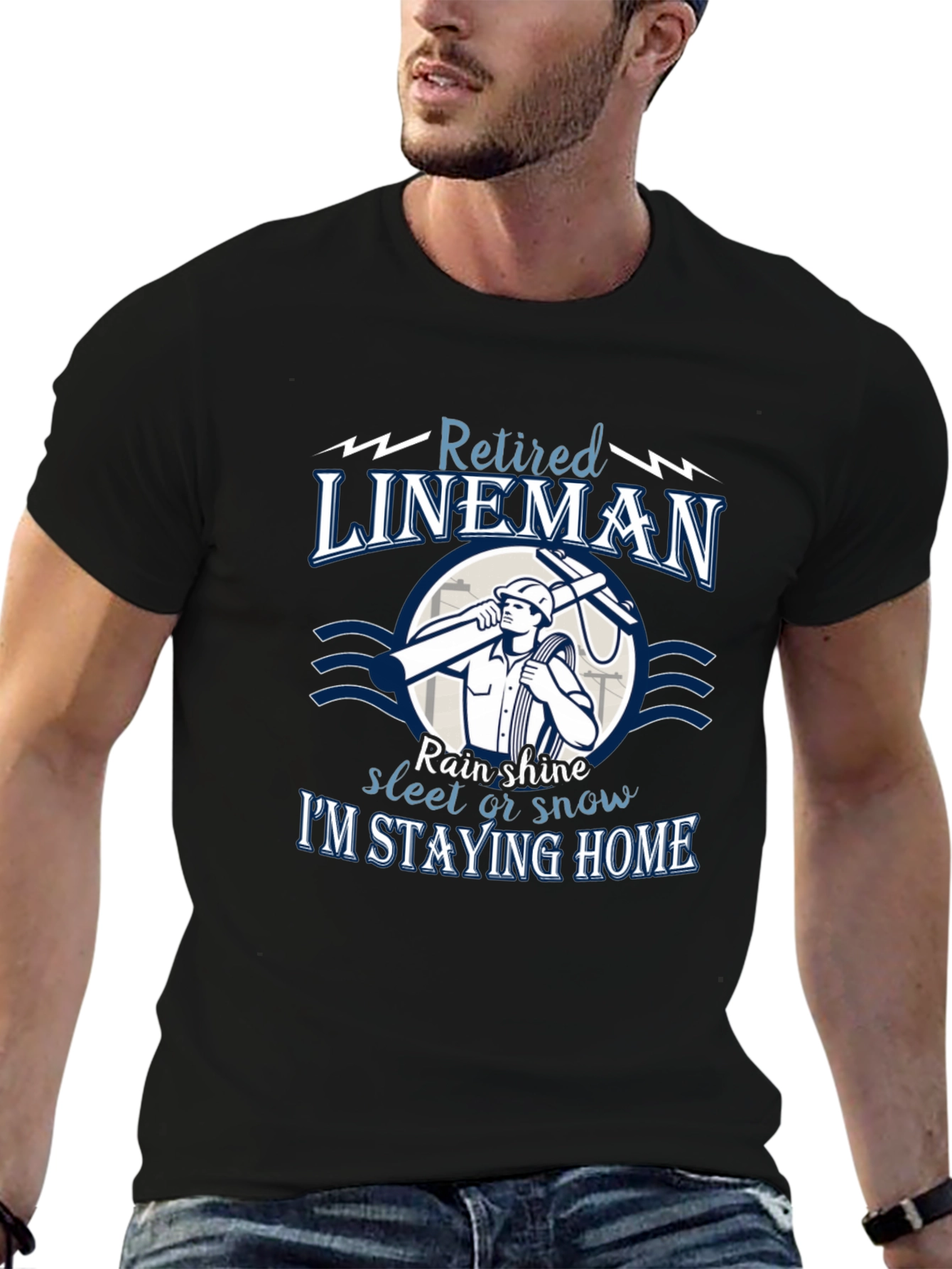 Black Retired Lineman T-Shirt: Stay Home in Style view 6