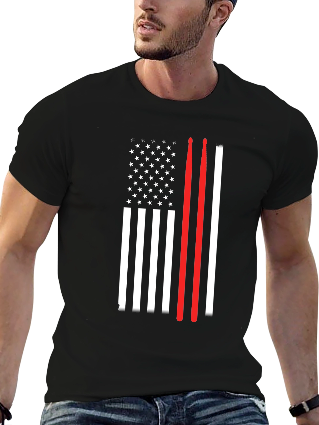 Black American Flag Drummer T-Shirt view 6