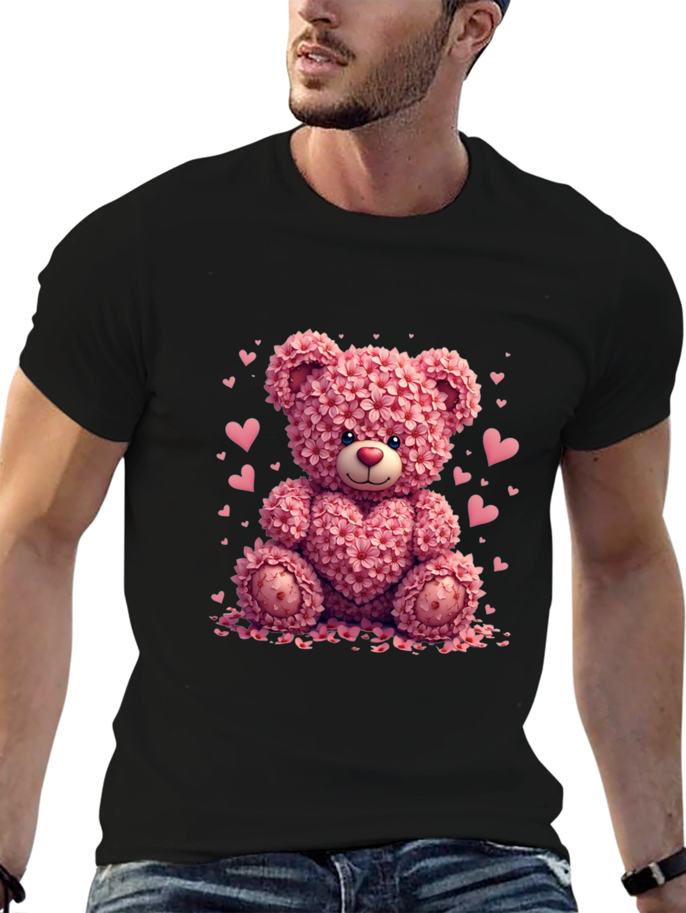 Black Floral Teddy Bear Graphic Tee - Valentine's Day view 6