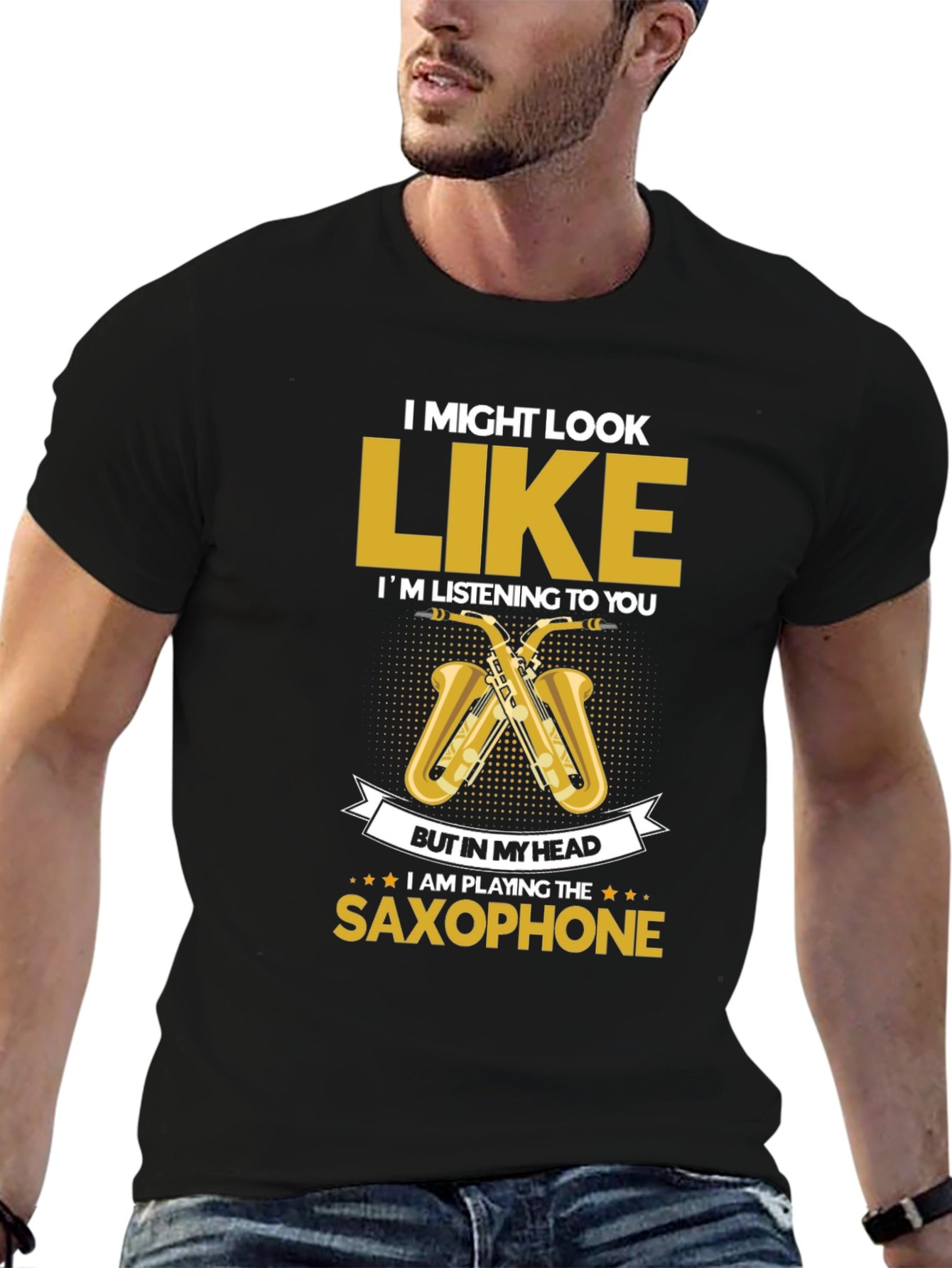 Black Saxophone Player T-Shirt - Musician Novelty Tee view 6