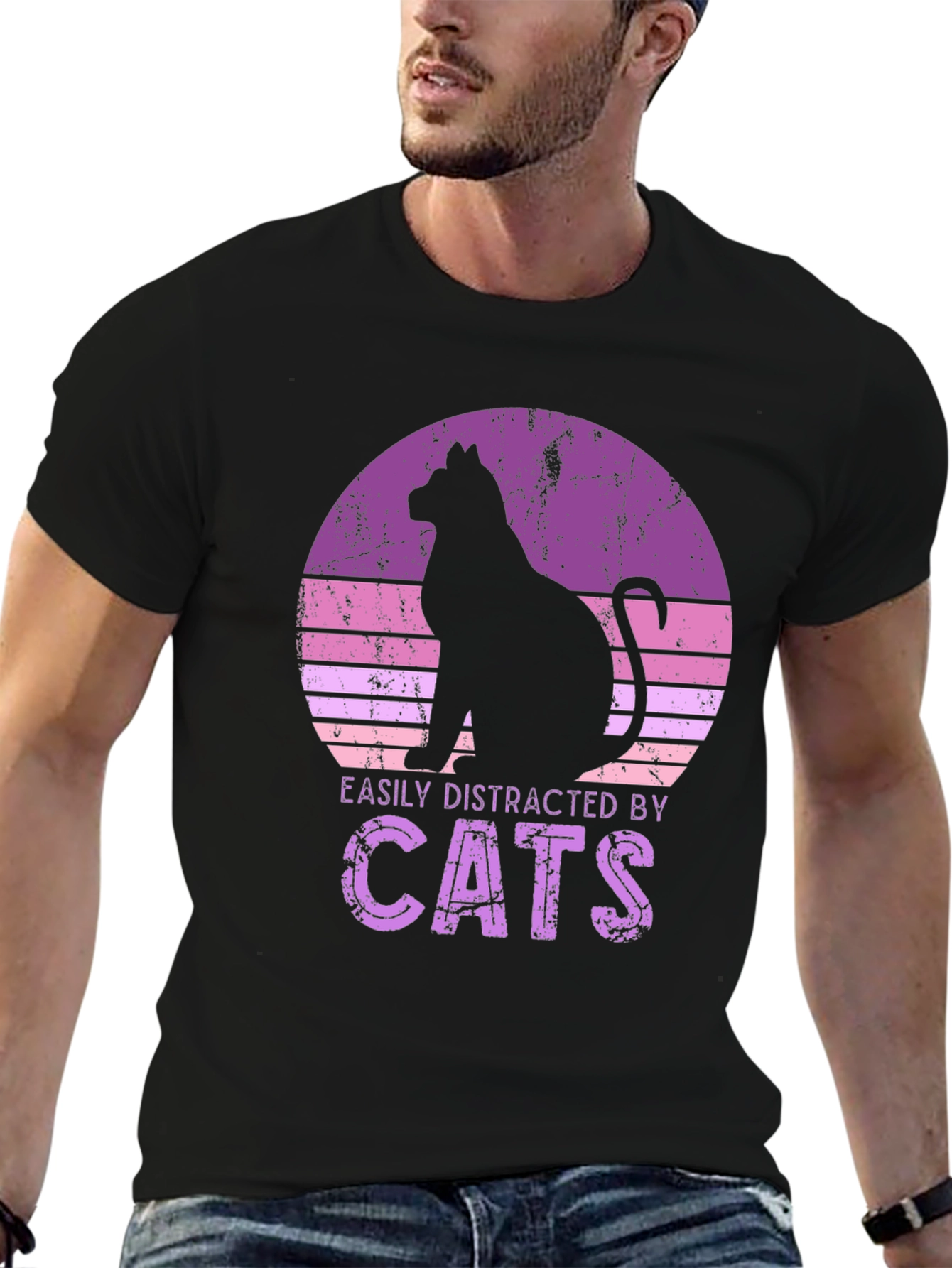 Black Easily Distracted By Cats Black T-Shirt view 6
