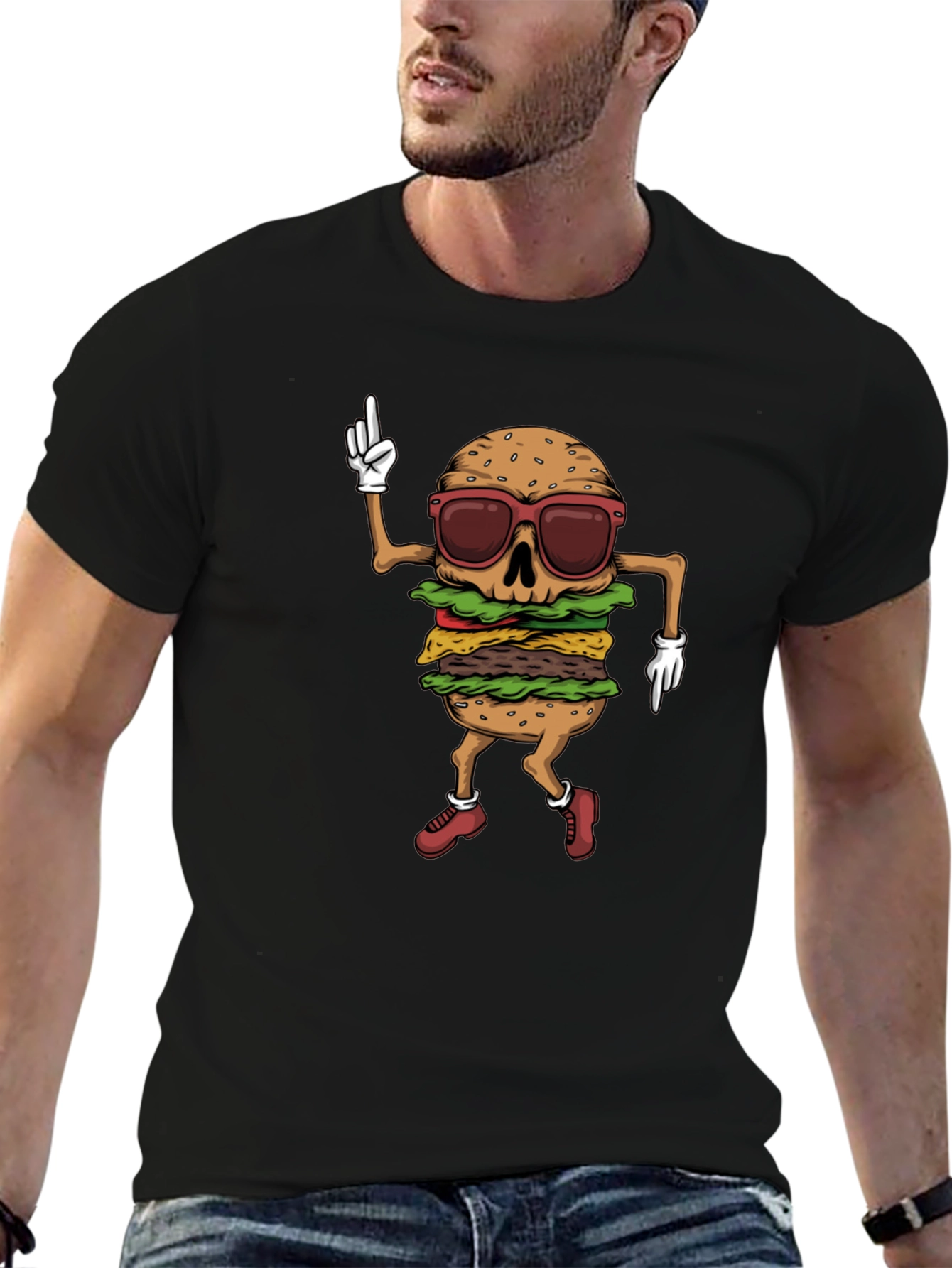 Black Burger Skeleton T-Shirt - Funny Graphic Tee view 6