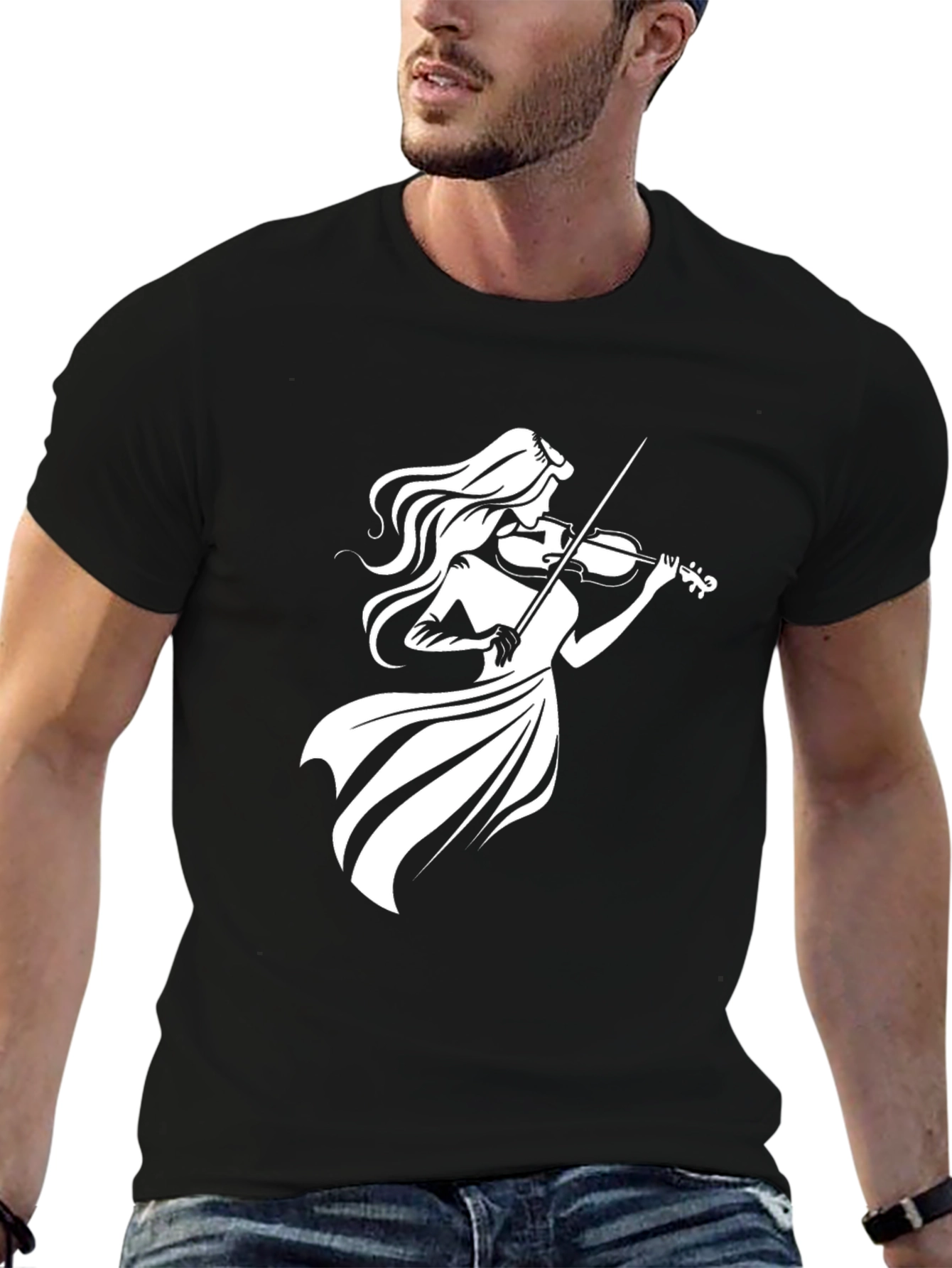 Black Violinist Graphic Tee - Black Cotton T-Shirt view 6